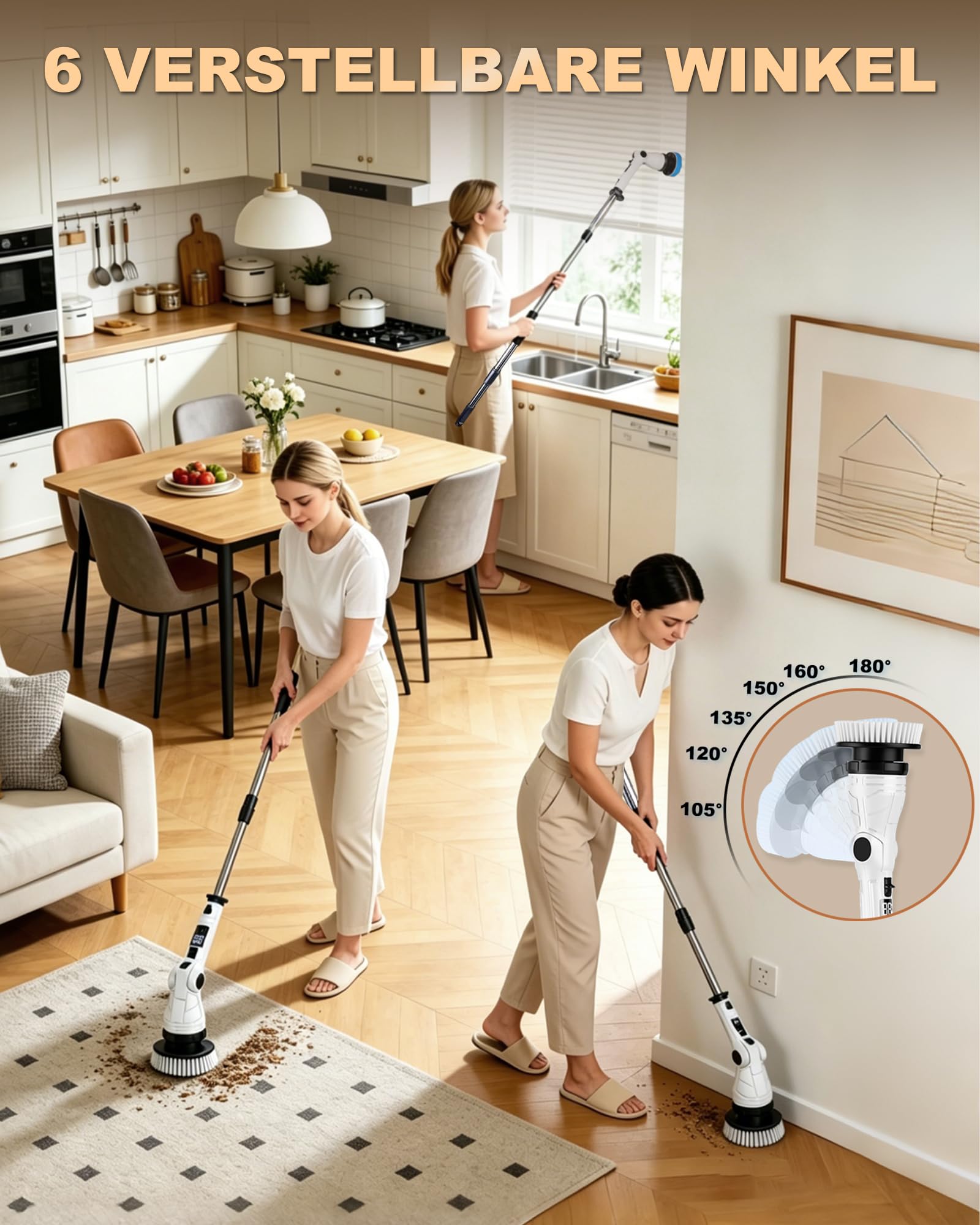 Cepillo de limpieza eléctrico 8 en 1, cepillo de limpieza eléctrico con mango extensible, USB-C, IPX7 impermeable, 3 velocidades, cepillo eléctrico para ducha, azulejos, suelos, cocina