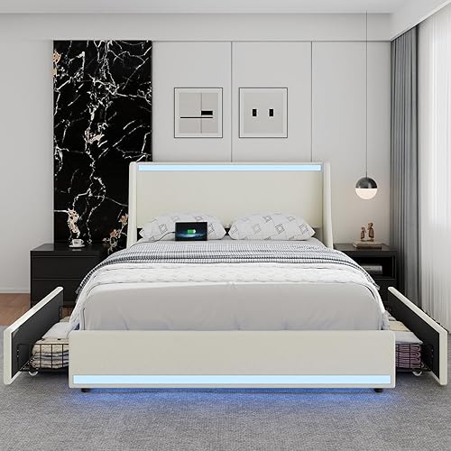 Miniatura 34 de VECELO Full Size Bed Frame with Storage Drawers, Upholstered Platform Bedframe with Wingback Headboard, No Box Spring Needed, Light Grey Gris