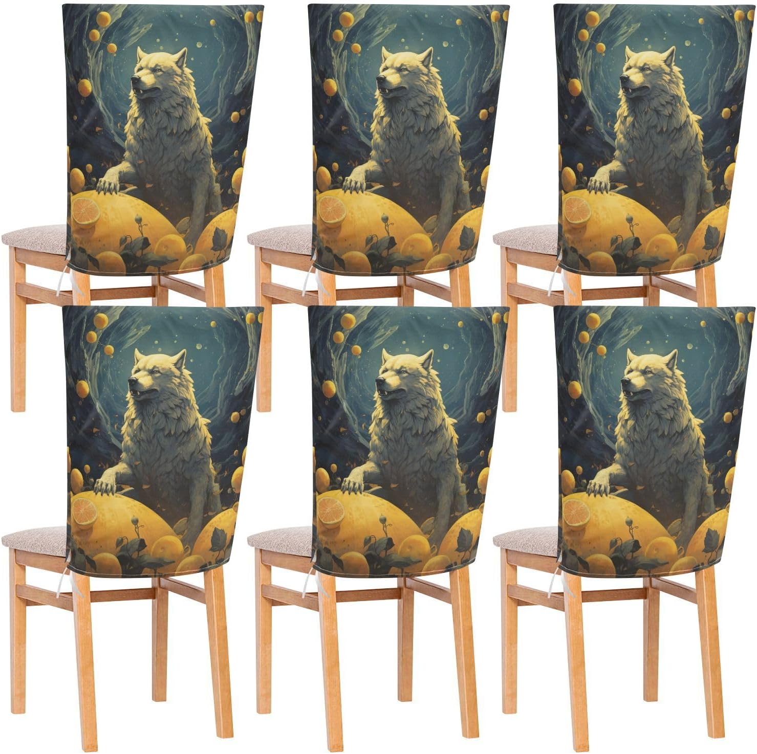 ALAZA Wolf and Lemon Chair Back Cover Set of 6, Washable Reusable Removable Chair Slipcovers Decorative Chair Cover for Home Kitchen Wedding Party