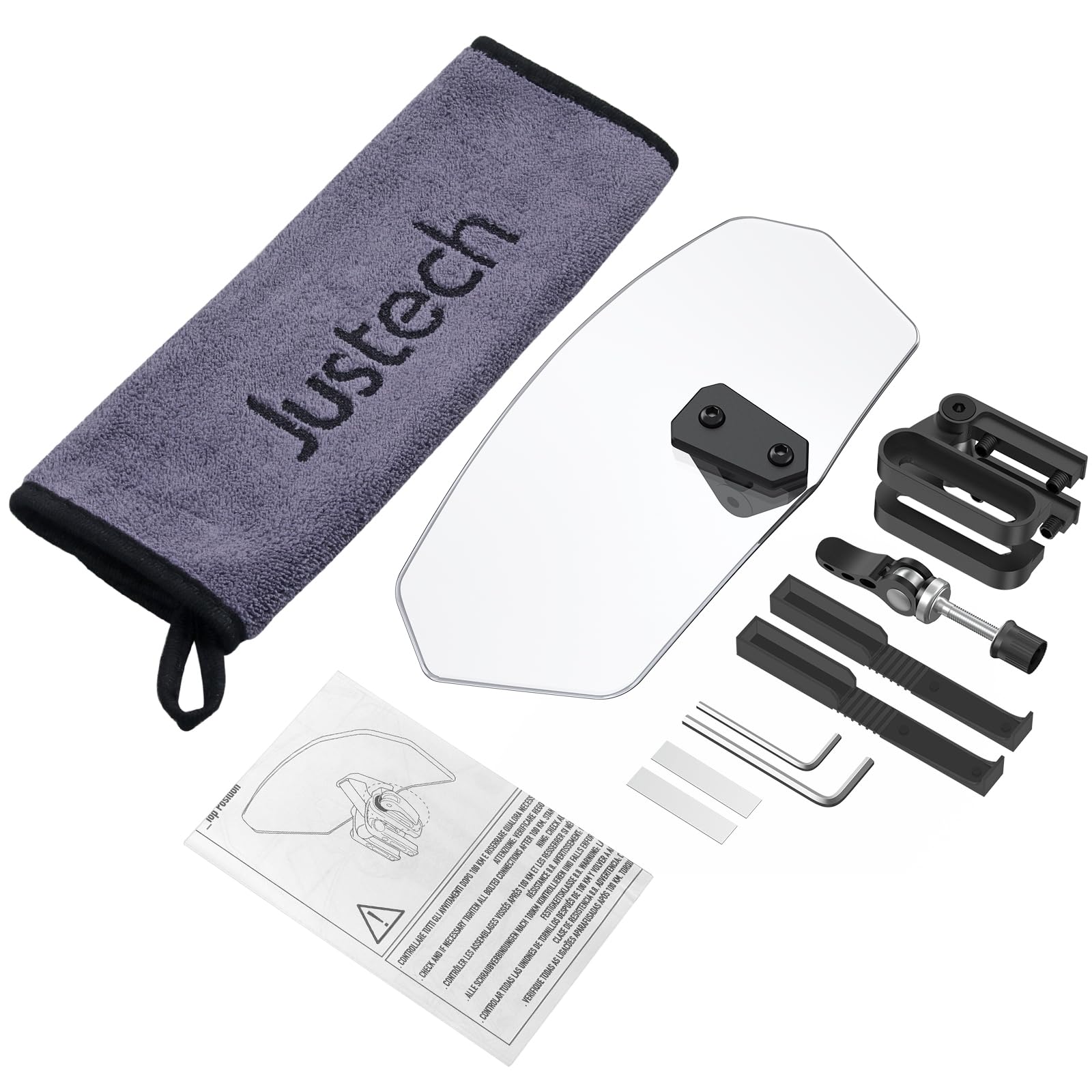 Justech Réglable Pare-Brise de Moto Matériau ABS Bruit Plus Faible Support Noir Pare-Brise de Moto 270x130x43mm avec Petite Serviette 30×30cm pour Plupart des Motos