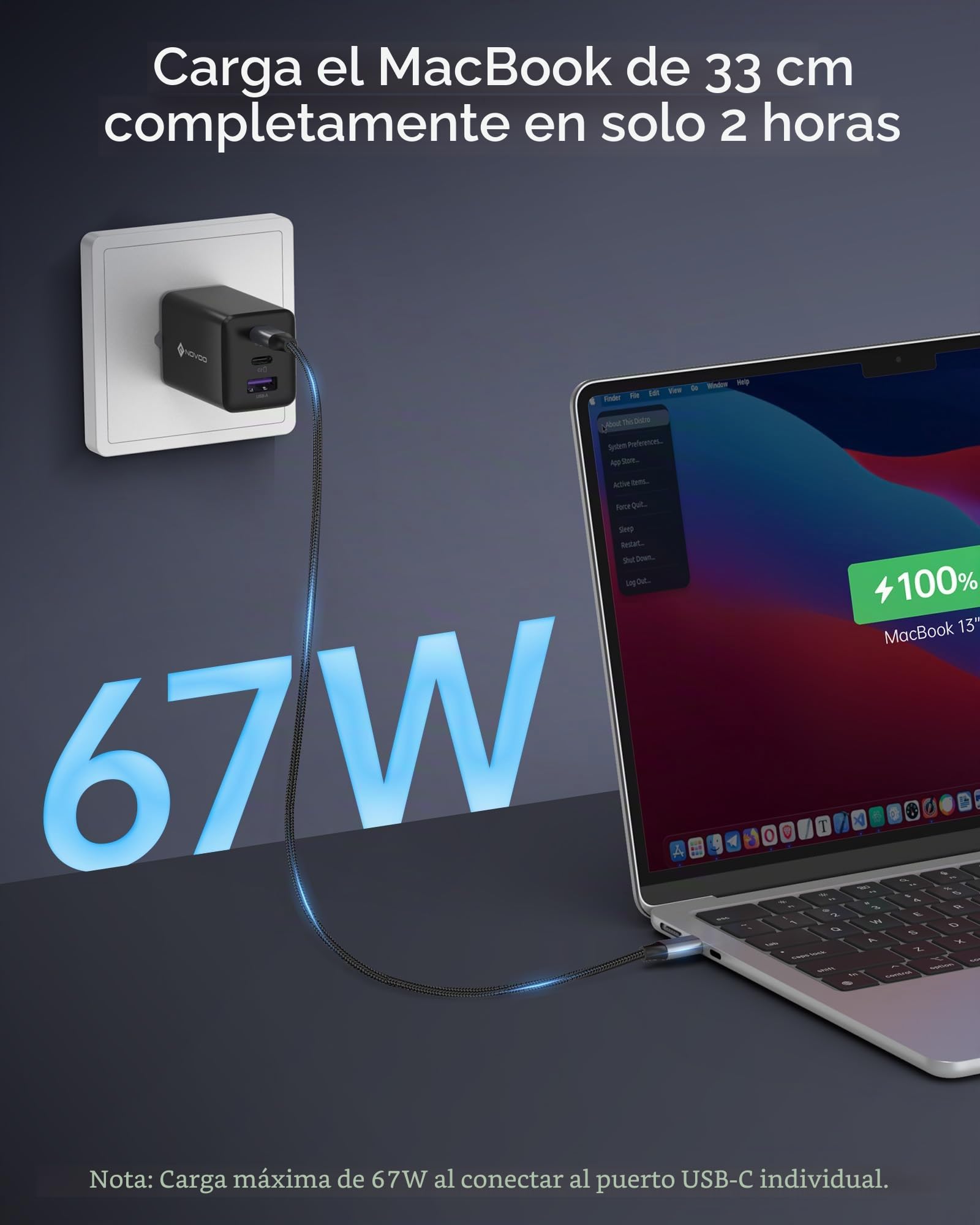 NOVOO USB C cargador rápido 67W adaptador de 3 puertos con 1 cable, GaN Tech