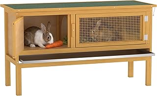 PawHut Hasenstall Kaninchenstall aus Holz 115x44,3x65 cm Kaninchenkäfig mit aufklappbarem Dach, 2 Türen, auslaufsicherer Schale, Hasenkäfig für Kaninchen Outdoor Hellgelb