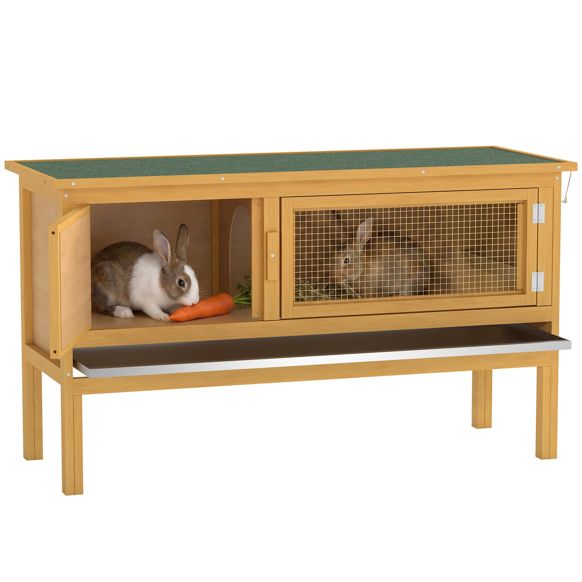 PawHut Conejera de Madera para Conejos, 115 x 44,3 x 65 cm, con Techo abatible, 2 Puertas, Bandeja a Prueba de Fugas, Jaula para Conejos al Aire Libre, Color Amarillo Claro