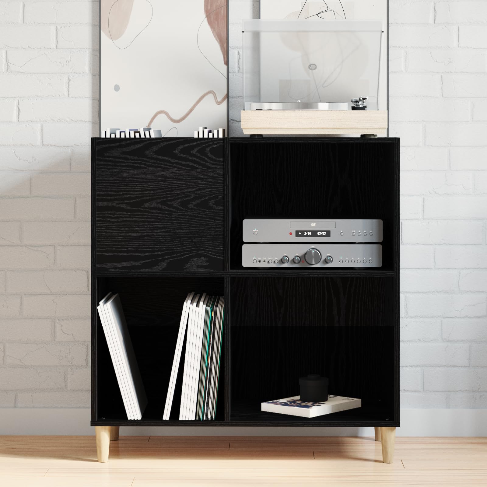 Armadietto per vinili, effetto rovere, 84,5 x 38 x 89 cm, moderno scaffale per vinili, in legno, beige, con ripiani per soggiorno, conservazione urbana