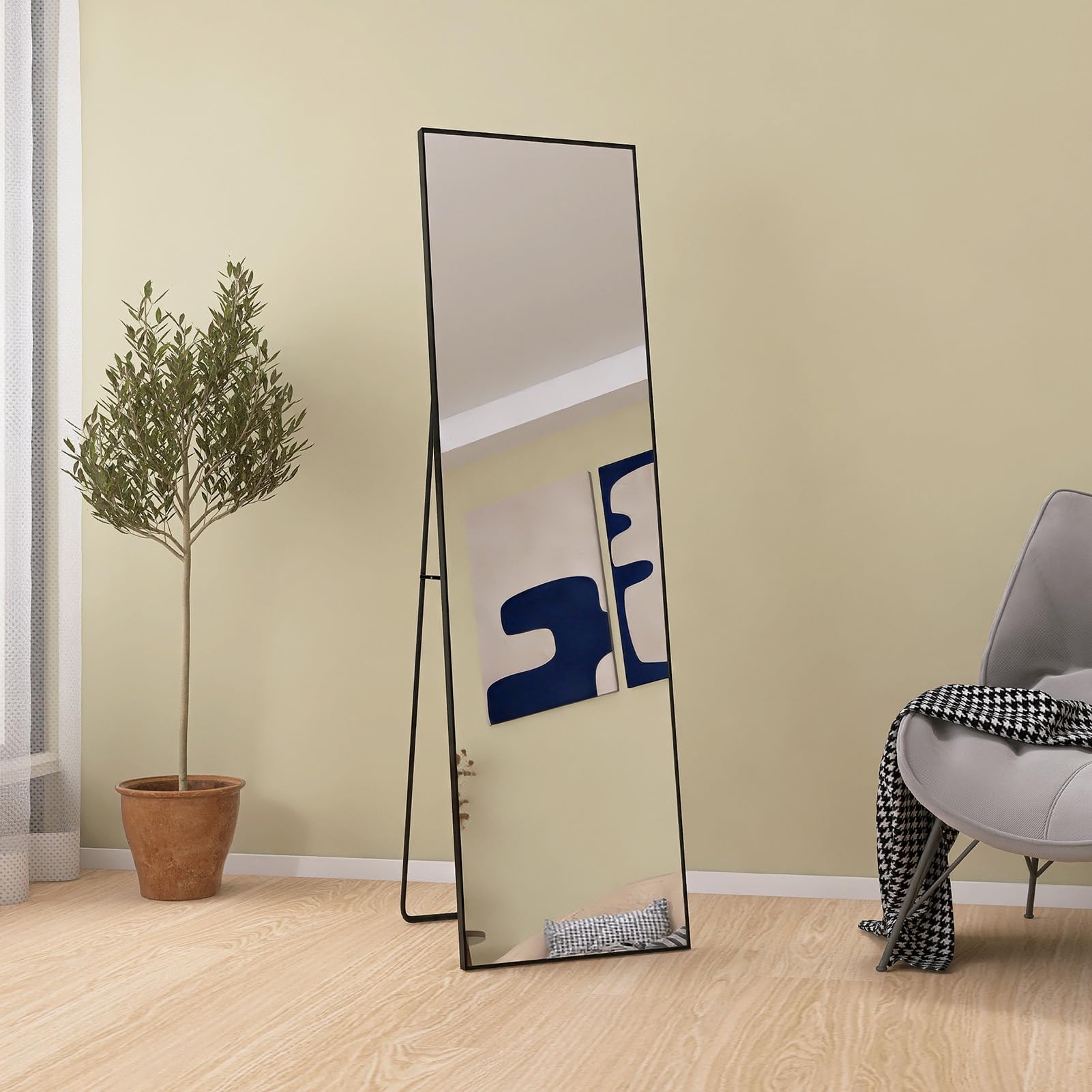 Miroir Pleine Longueur 150x40 Cm Sur Pied - Cadre Métal Étroit Doré Ou Noir, Verre HD Incassable - Pour Chambre, Salon, Dressing, Salle De Sport - 5