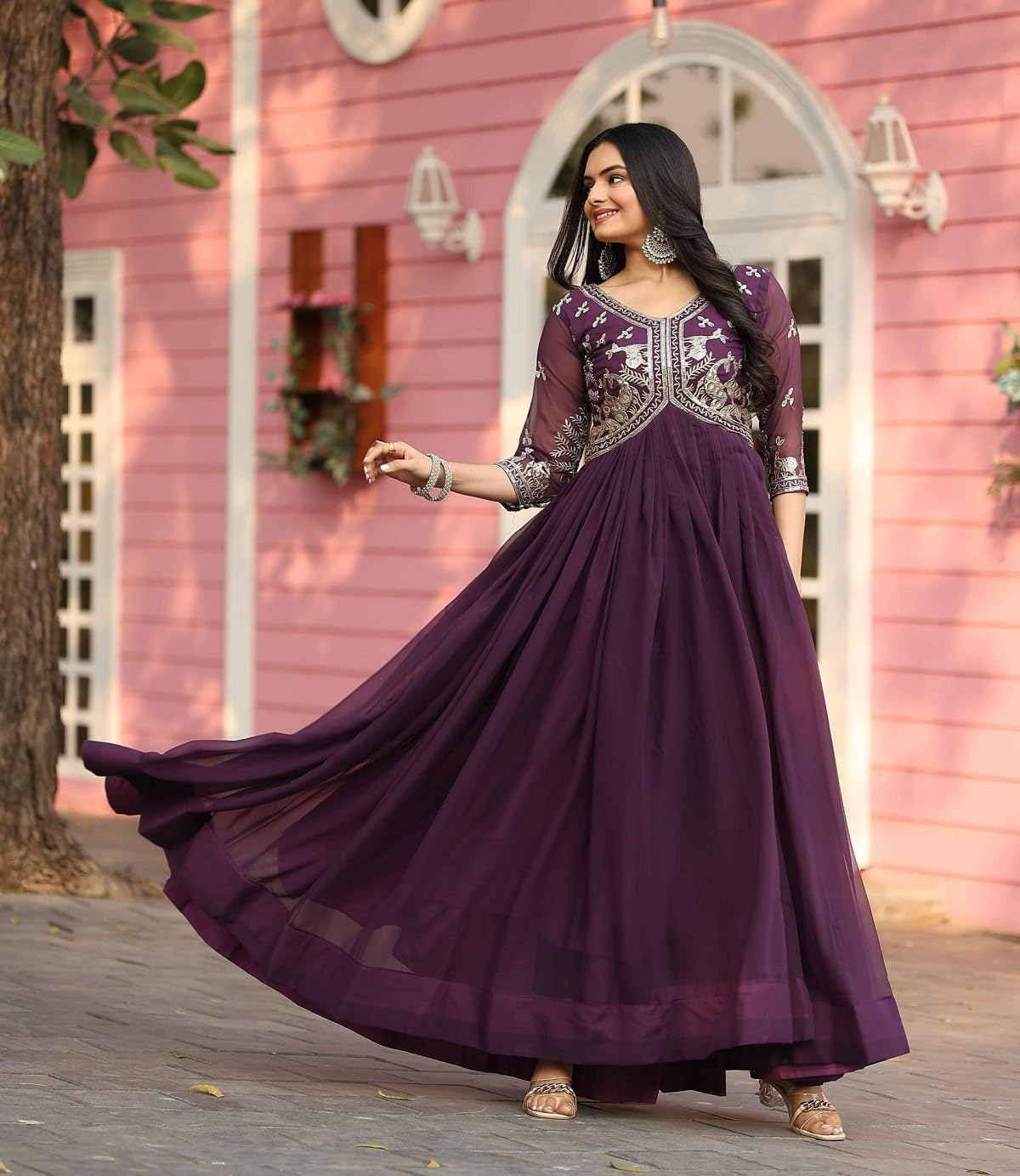 Buy FOXDX Women's Georgette Maxi Dress | Trendy Floral Embroidery