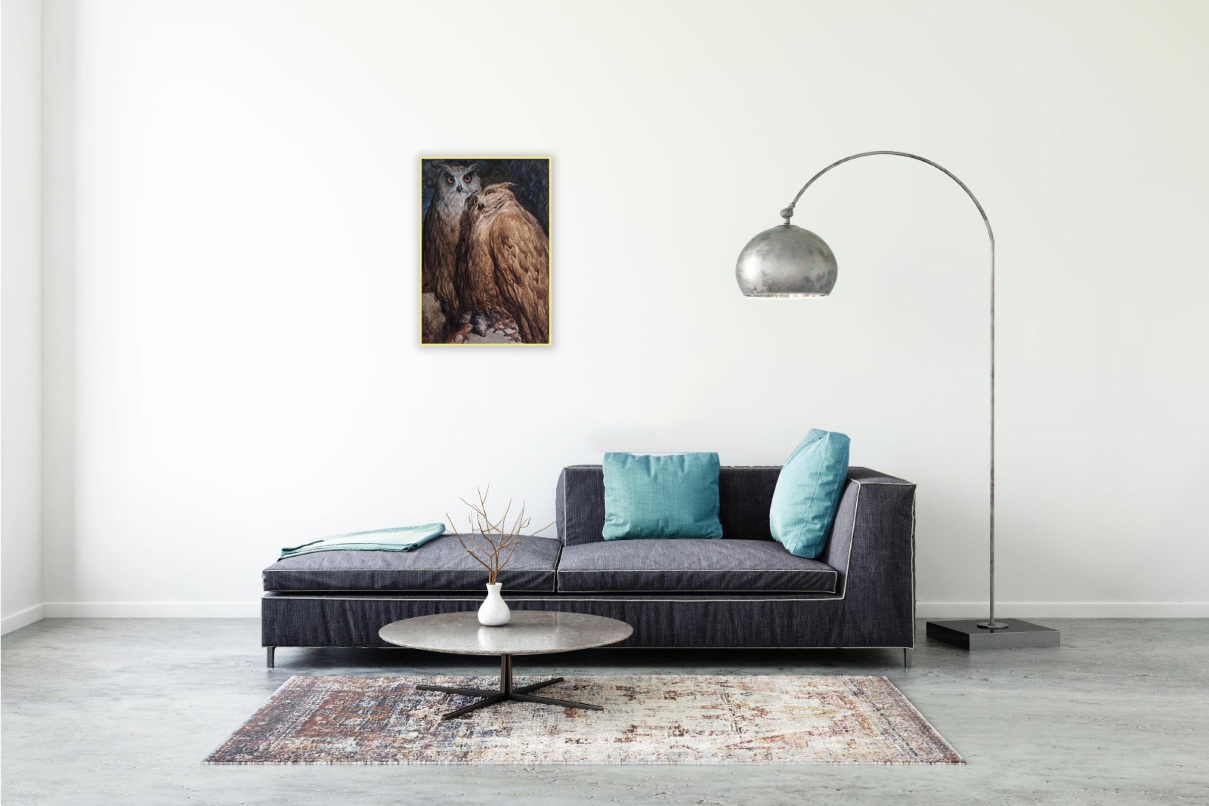 JZSDGB Złota ramka słynne obrazy - Gustave Doré obraz Giclee nadruk na płótnie - 'Dwie sowy'Reprodukcja na płótnie sztuka ścienna - nowoczesna sztuka plakat do wystroju salonu 50x75 cm