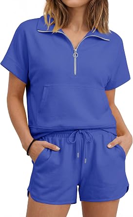 Womens Short Sets Summer Lounge Sets Zipper V Neck Short Sleeve Tops Drawstring Shorts Sweatsuits with Pocket