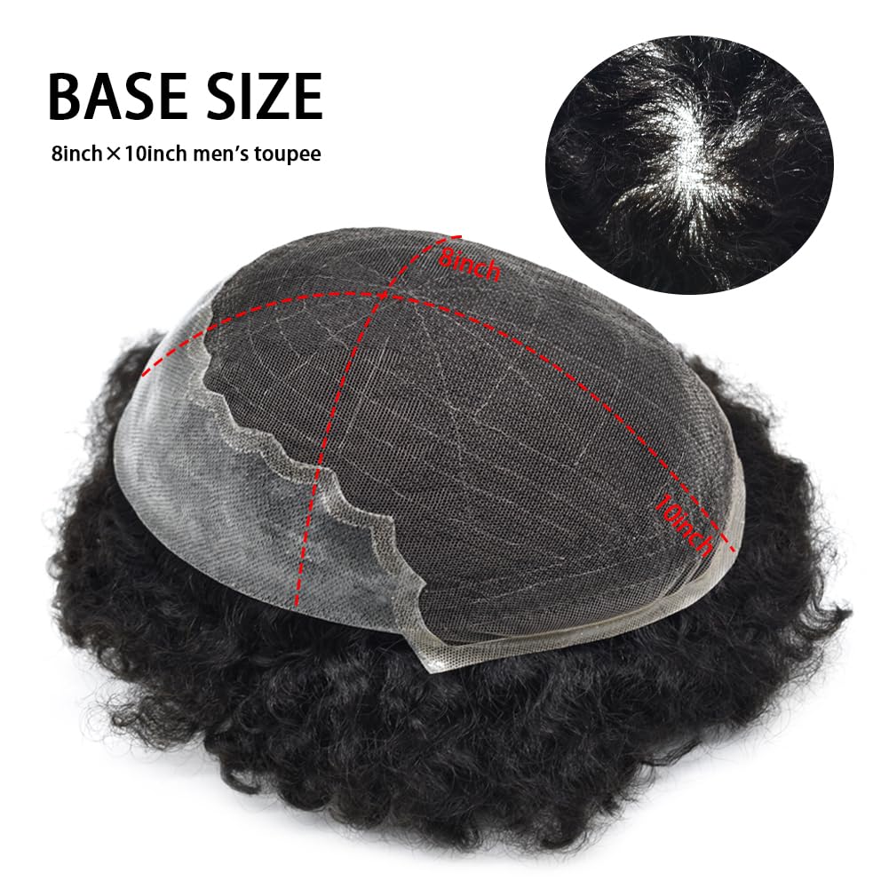 Afro Toupee For Black Man Hair Unit For American African Men Hair Unit Brazilian Human Hair Afro Toupee For Black Men HairPiece Real Human Hair Unit (8X10, #1B Off Black-6MM Wave)