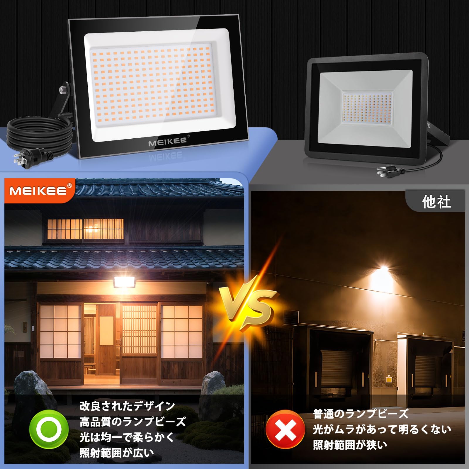 LED 投光器 100W 倉庫照明 防犯灯 駐車場灯 屋外作業 省エネ Amazon.co.jp: MEIKEE【100W 電球色 2個セット】led投光器 作業灯 看板