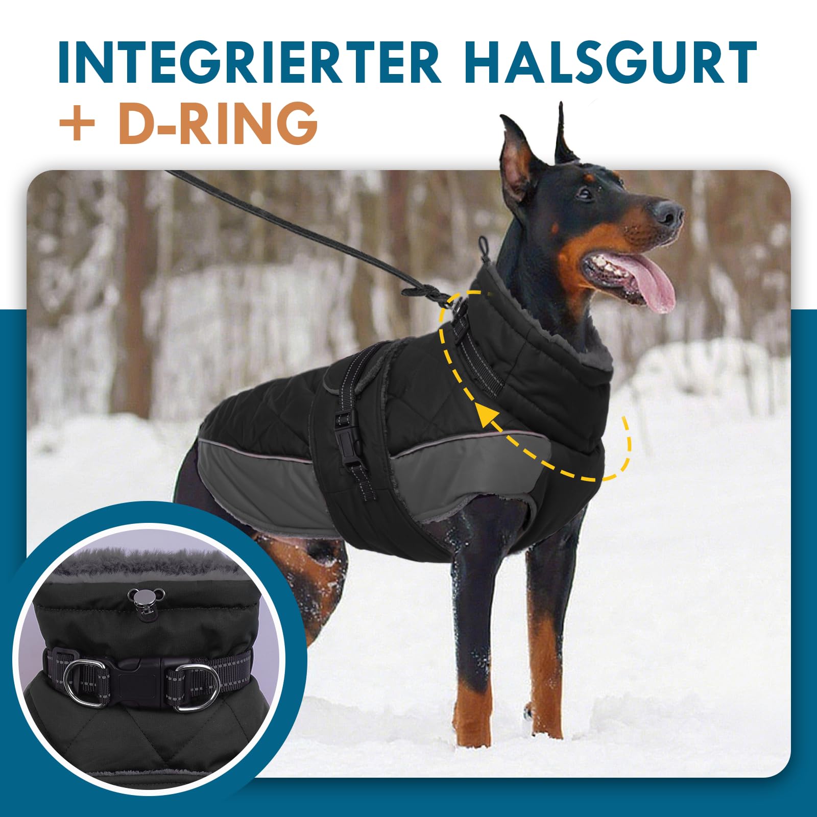 Hundemantel, Hunde Wintermantel mit Reflektierenden Streifen Geschirr Faltbarer Fleece Ausschnitt, Wasserbeständig Hundemantel für Große Hunde, Deutsche Dogge, Schwarz, 3XL