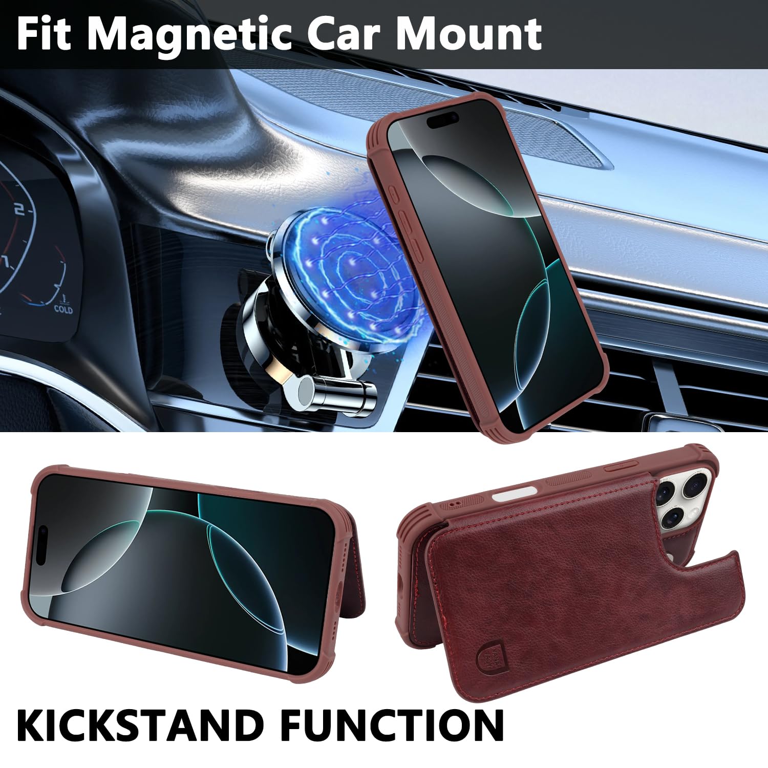 VANAVAGY Compatible for iPhone 16 Pro Max Wallet Casewith Credit Card Holder,Rfid Leather Flip Folio Cover Fits Magnetic Car Mount and Stand with Screen Camera Protector,Burgundy - Image 4