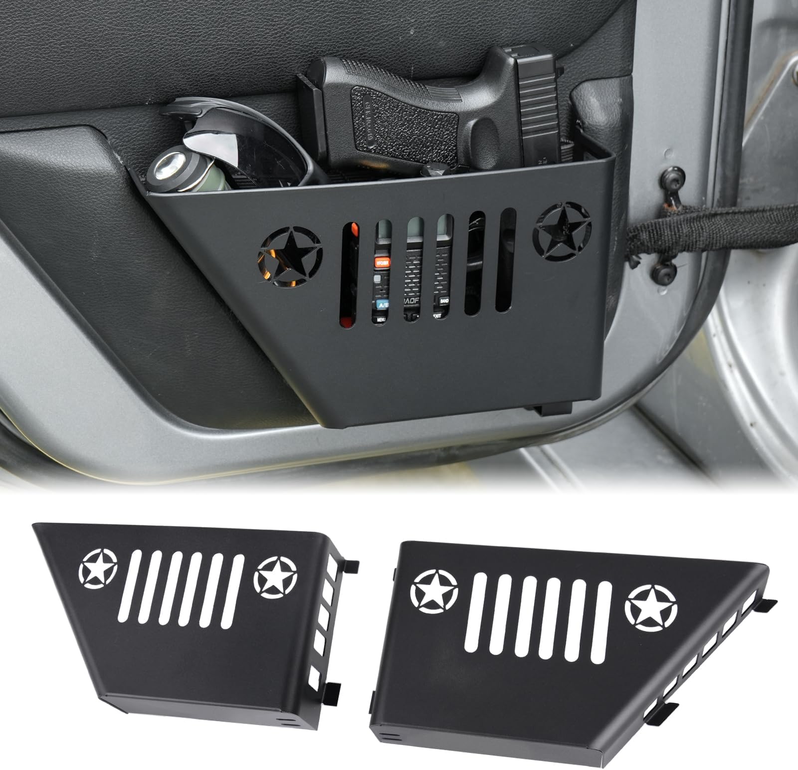 FUNY Rear door storage box Compatible with 2007-2018 Jeep Wrangler JK, Door Side Insert Organizer Box Metal Door Net Pocket Replacement Door Organizer Panel, 2pc