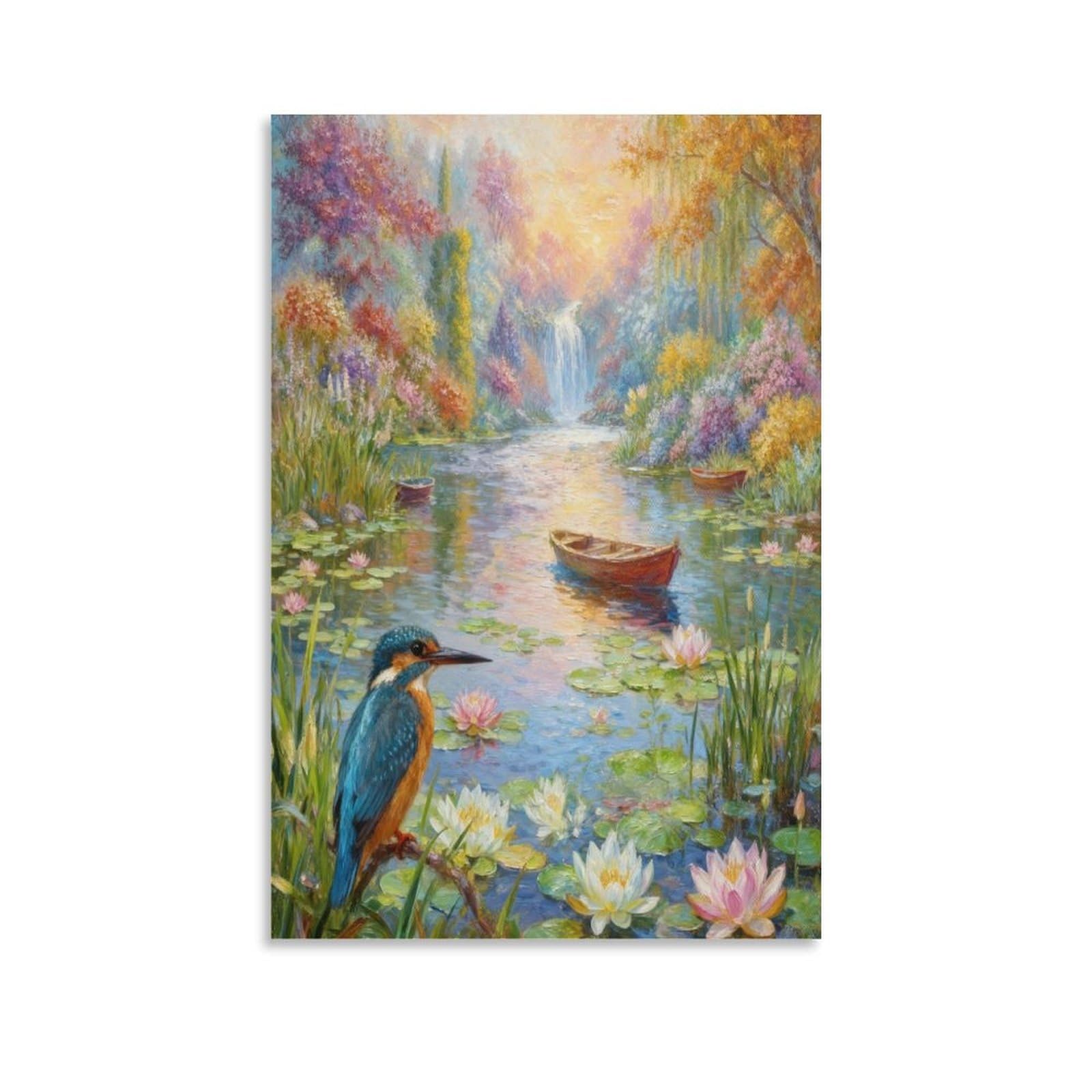 EMYXPAQM Kingfisher Canvas Wall Art Flower Bush Waterfall Canvas Picture Modern for Home Office Bedroom Home Decor Gift 20x30inch(50x75cm)