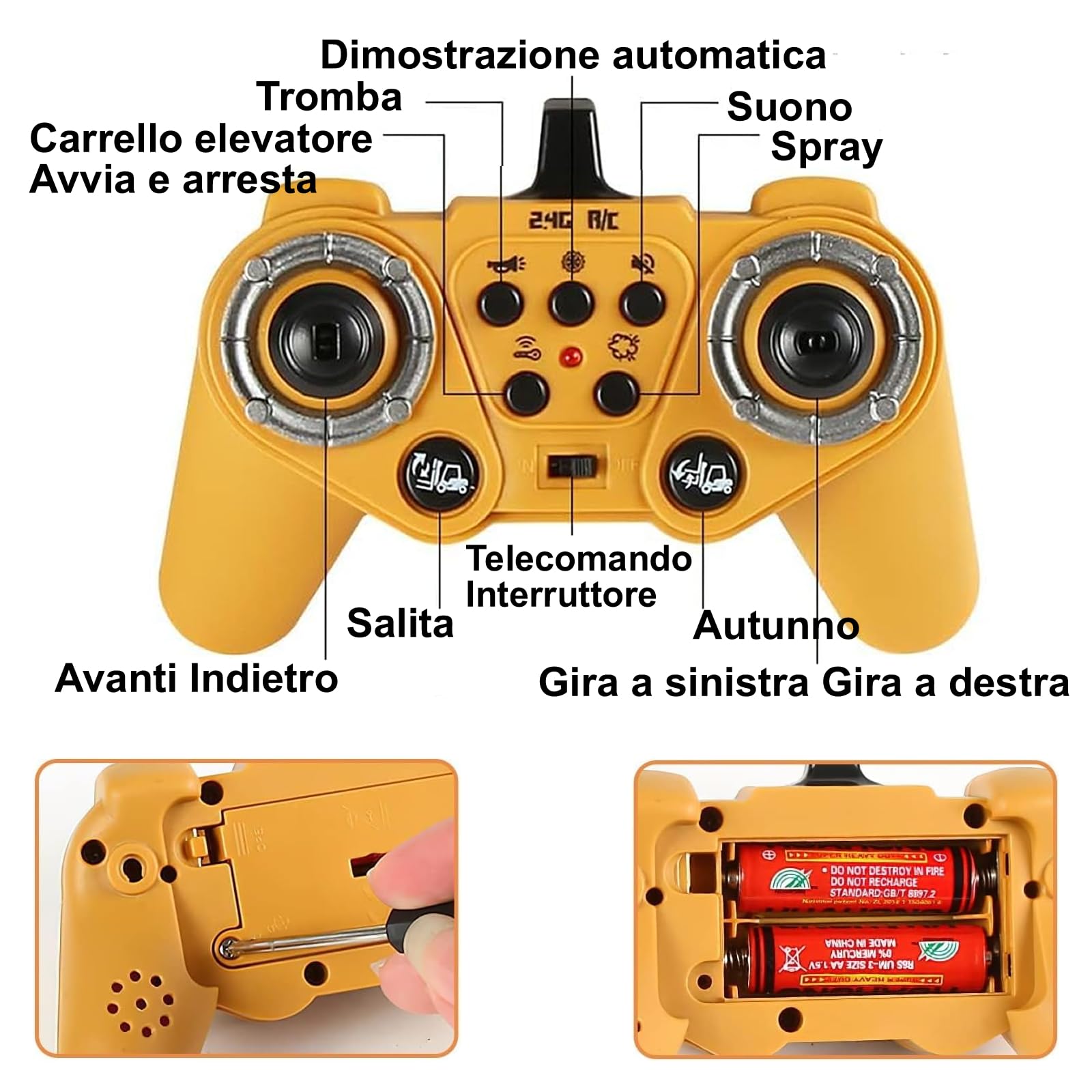 Scale 1:24 RC Giocattolo Carrelli Elevatori, Carrello elevatore telecomandato 2.4GHZ, con scatole/spray suono e luce, telecomandata carrello elevatore giocattolo per bambini, Regalo di complea
