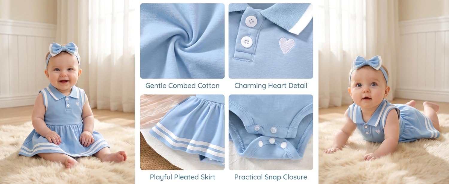 Preemie-12 Months Baby Girls Sleeveless Polo Dress Romper With Headband