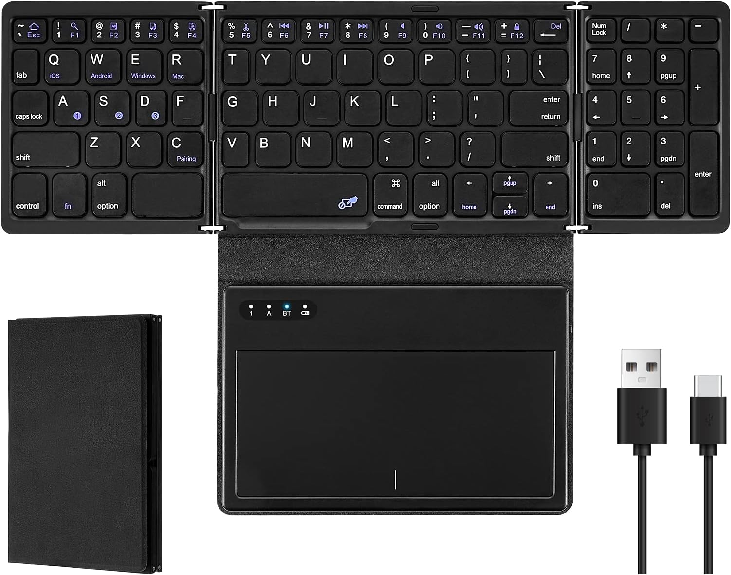 Achort Foldable Bluetooth Keyboard, Tri- Folding Portable Wireless Keyboard with Touchpad, USB Rechargable BT Wireless Keyboard for Android, Windows System Laptop Tablet Smartphone (Style4-Black)