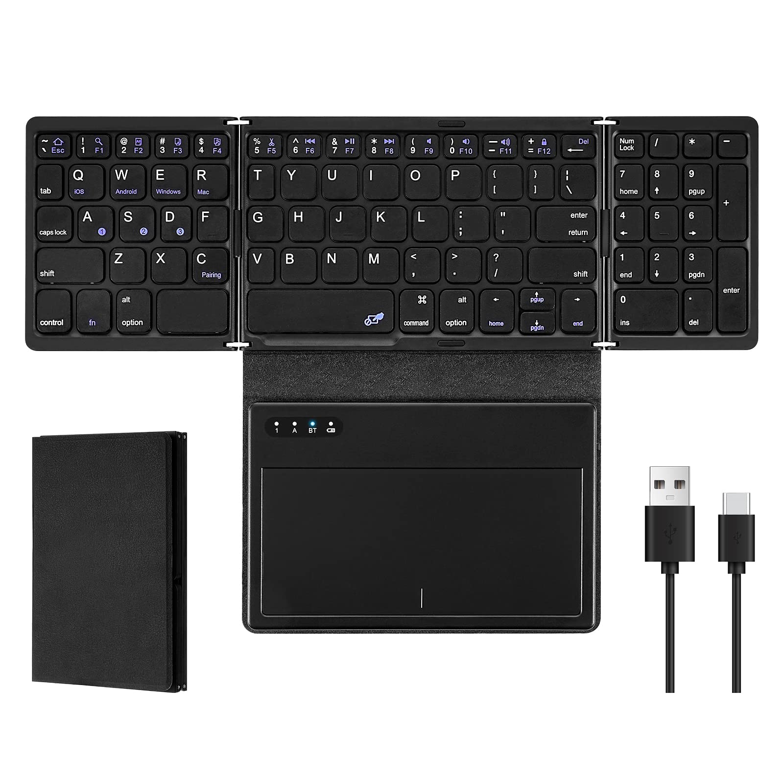 Achort Foldable Bluetooth Keyboard, Tri- Folding Portable Wireless Keyboard with Touchpad, USB Rechargable BT Wireless Keyboard for Android, Windows System Laptop Tablet Smartphone (Style4-Black)