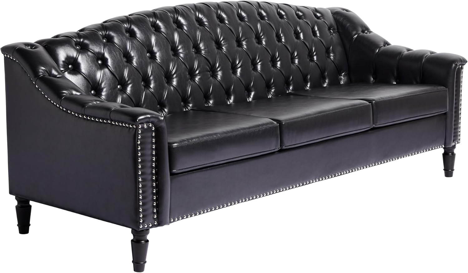 AVZEAR 3 Seater Large Sofa, Chesterfield Sofa Set 80" Mid-Century Modern PU Sofa, Upholstered Couch with Nailhead Trim and Button Tufted for Living Room, Office, Bedroom, Black