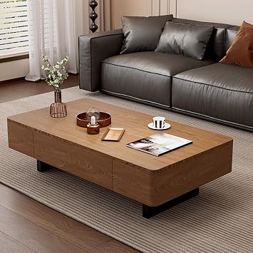 47.2" Wooden Coffee Table with Drawers, Rectangular Coffee Table with Sturdy Carbon Steel Base, Living Room Center Table for Parties & Gatherings, Safe Rounded Edges, Durable