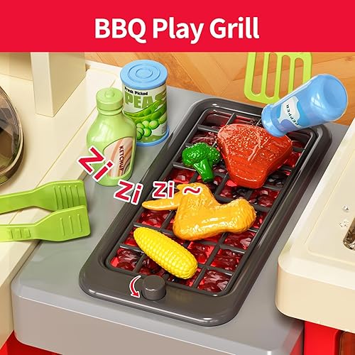 Miniatura 3 de Juego de cocina para niños, cocina de juego con estufa, parrilla, fregadero, comida de juguete, accesorios de cocina, cocina con luces de vapor