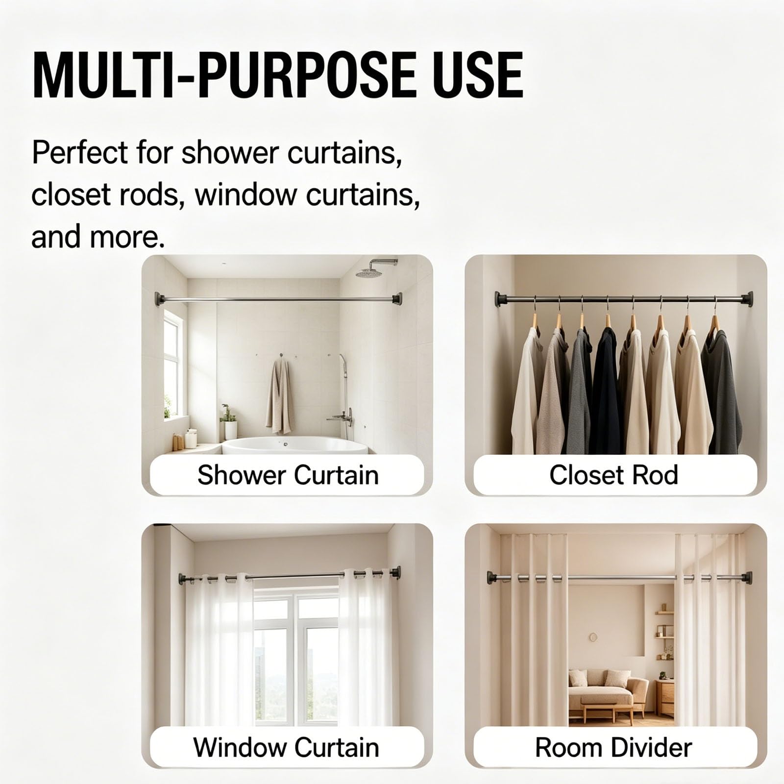 Adjustable 19–118 In Shower Curtain Rod, Closet Rods for Hanging Clothes