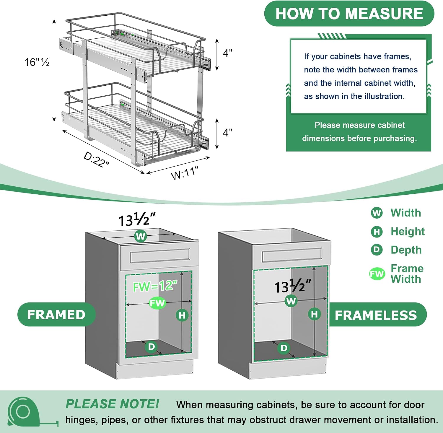 2-Tier Pull Out Cabinet Organizer (11" W x 22" D) | Soft Close Cabinet Slide Out Shelves, Heavy Duty Slide Out Drawers with Shelf Liner for Kitchen Cabinets, Pantry, Bathroom