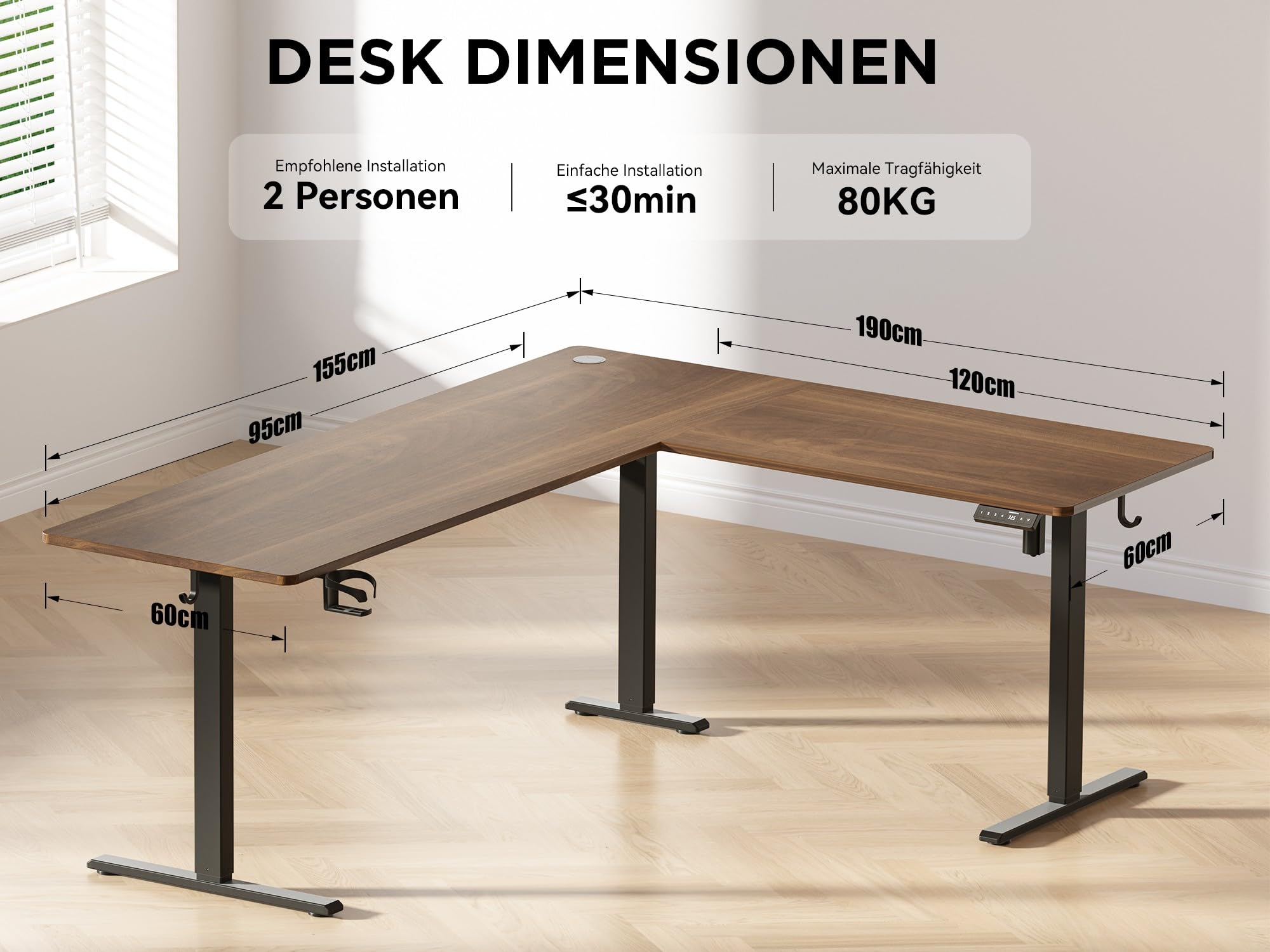 WALKINGDESK Höhenverstellbarer Eckschreibtisch 190 x 150 cm | Elektrischer L-förmiger Schreibtisch, 4 Speicherpositionen, Kabelmanagement, Computertisch für Homeoffice Gaming, Schwarznuss