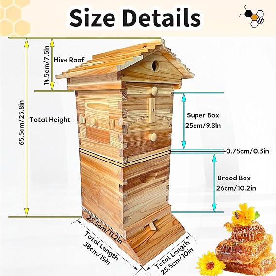 Beehive Starter Kit, Self-Flowing Wooden Bee Box, with Observation Window and Honey Spout, Self-Flow Hive Beehive Starter Kit, for Backyard Beekeeping and Garden Pollination.
