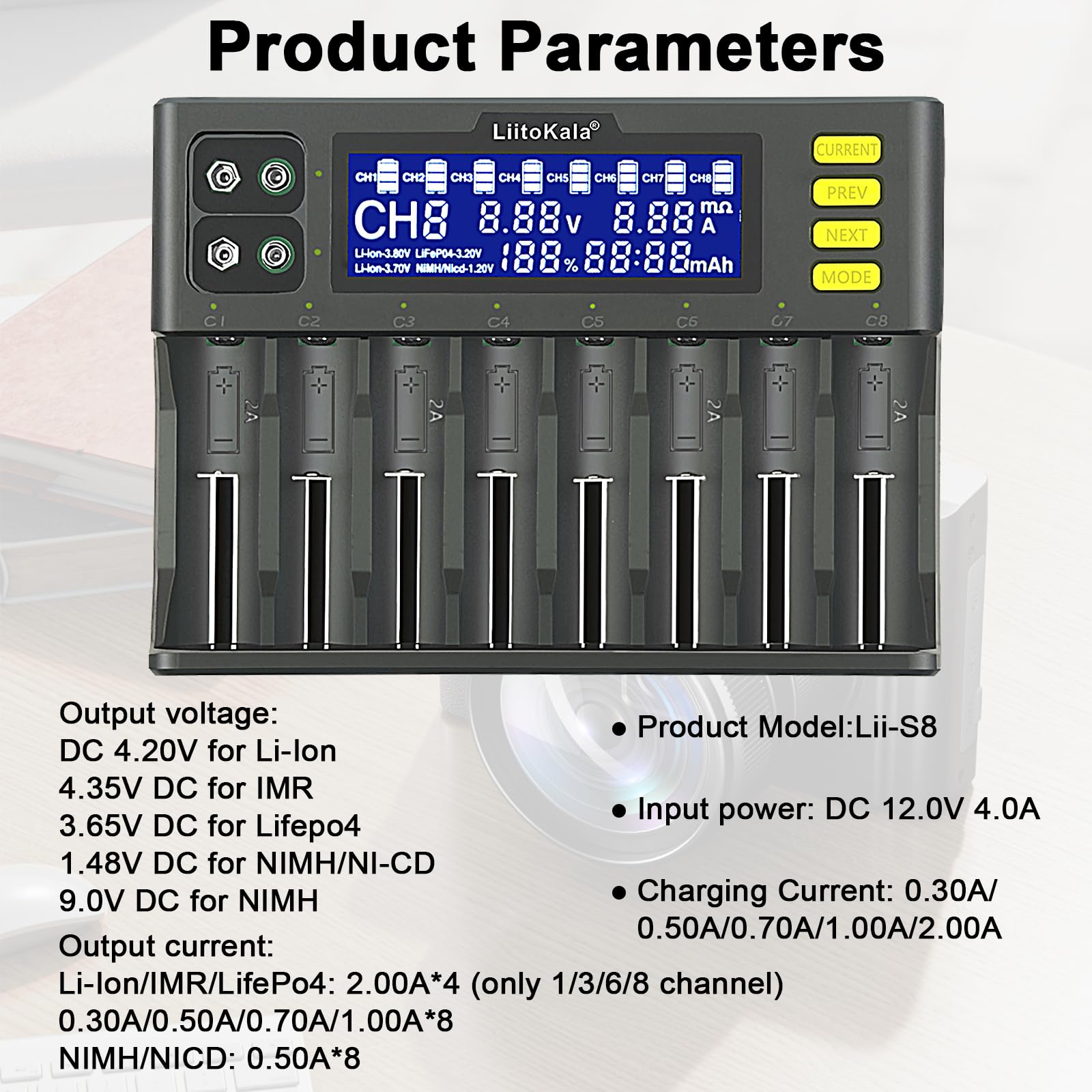 Cargador de batería MXJFYY LiitoKala LII-S8 Cargador rápido con Pantalla LCD táctil, 18650 de 8 Ranuras 9V para Li-Ion LiFePO4 Ni-MH Ni-CD AA AAA C 21700 26650 13650 16340 18700 RCR123
