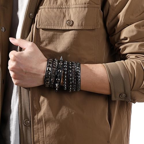 Miniatura 3 de Eigso Pulseras de cuero punk rock para hombres y mujeres, estilo retro, vintage, cadena de los años 80, para hombre y mujer