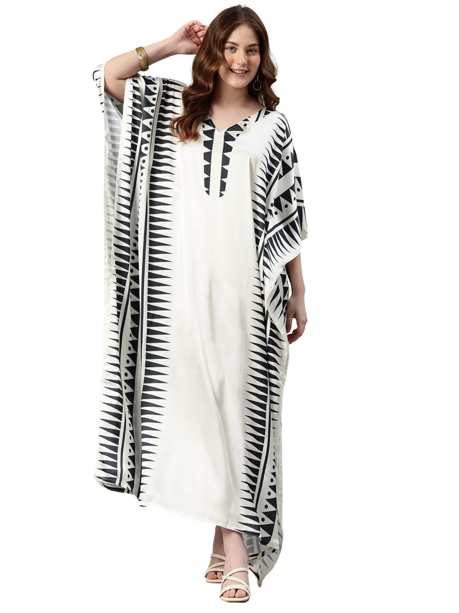 Women's Printed V-Neck Long Sleeves Satin Kaftan JKSB_008_White-image-19