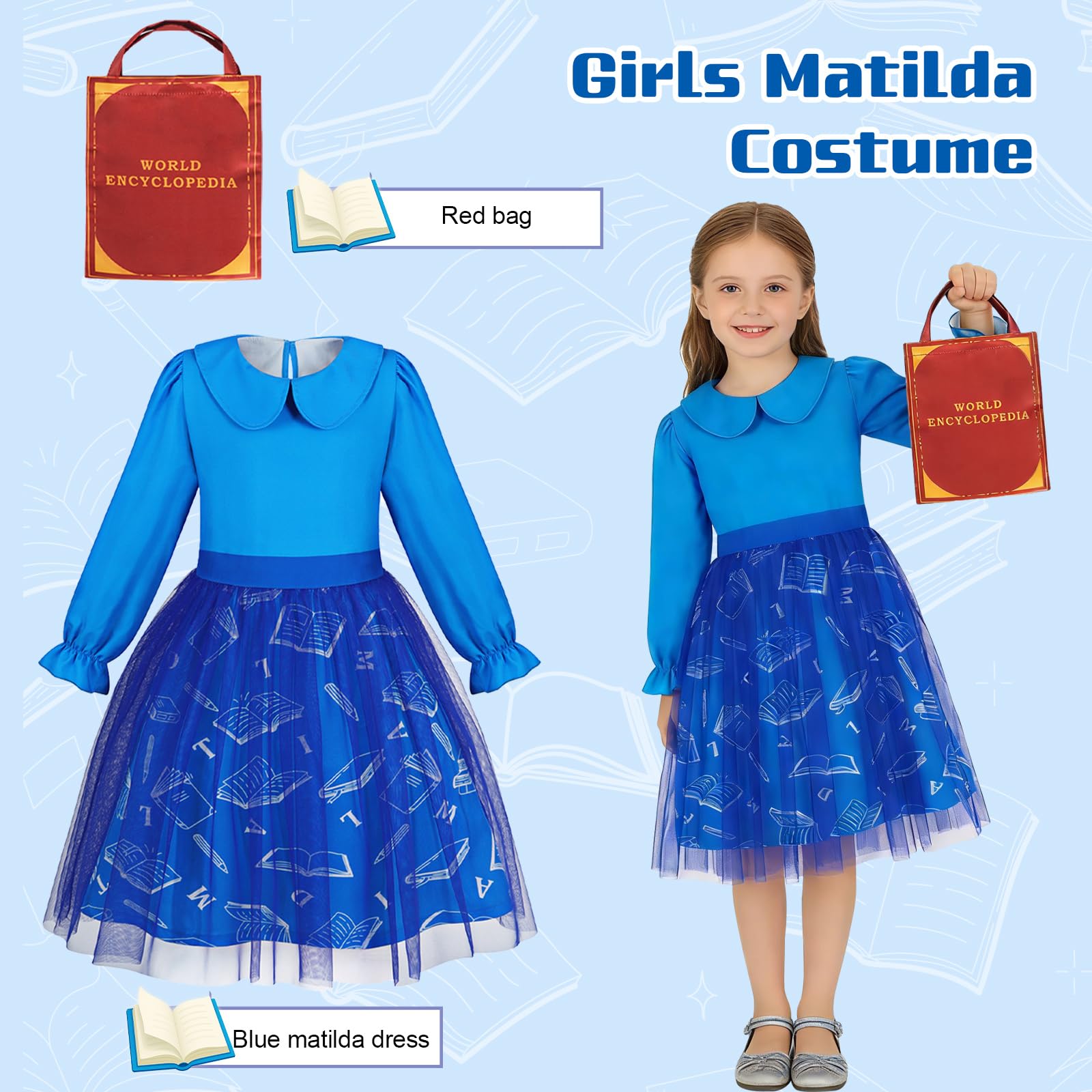 KumSoomliy Girls Matilda Costume with Bag World Book Day Costumes for Girls Kids Blue Long Sleeve Tulle Knee-Length Dress Ages 3-4 Years - Image 2