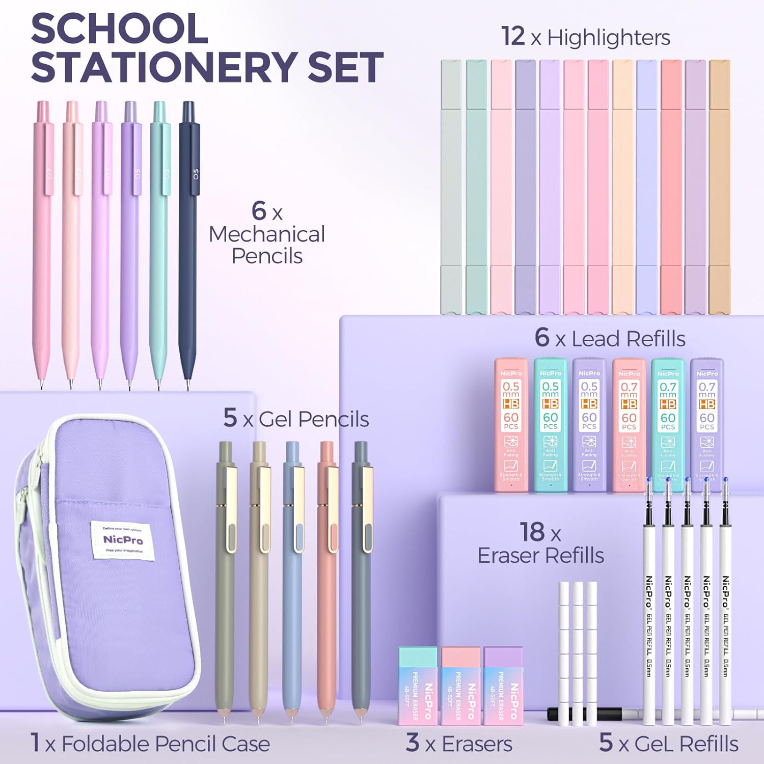 Nicpro 39 PCS Aesthetic School Supplies with Cute Purple Pencil Case, 12 Pastel Highlighters, 5 Quick Dry Black Ink Pens, 6 Mechanical Pencil 0.5 & 0.7mm for Girl Student Stationary College Essentials