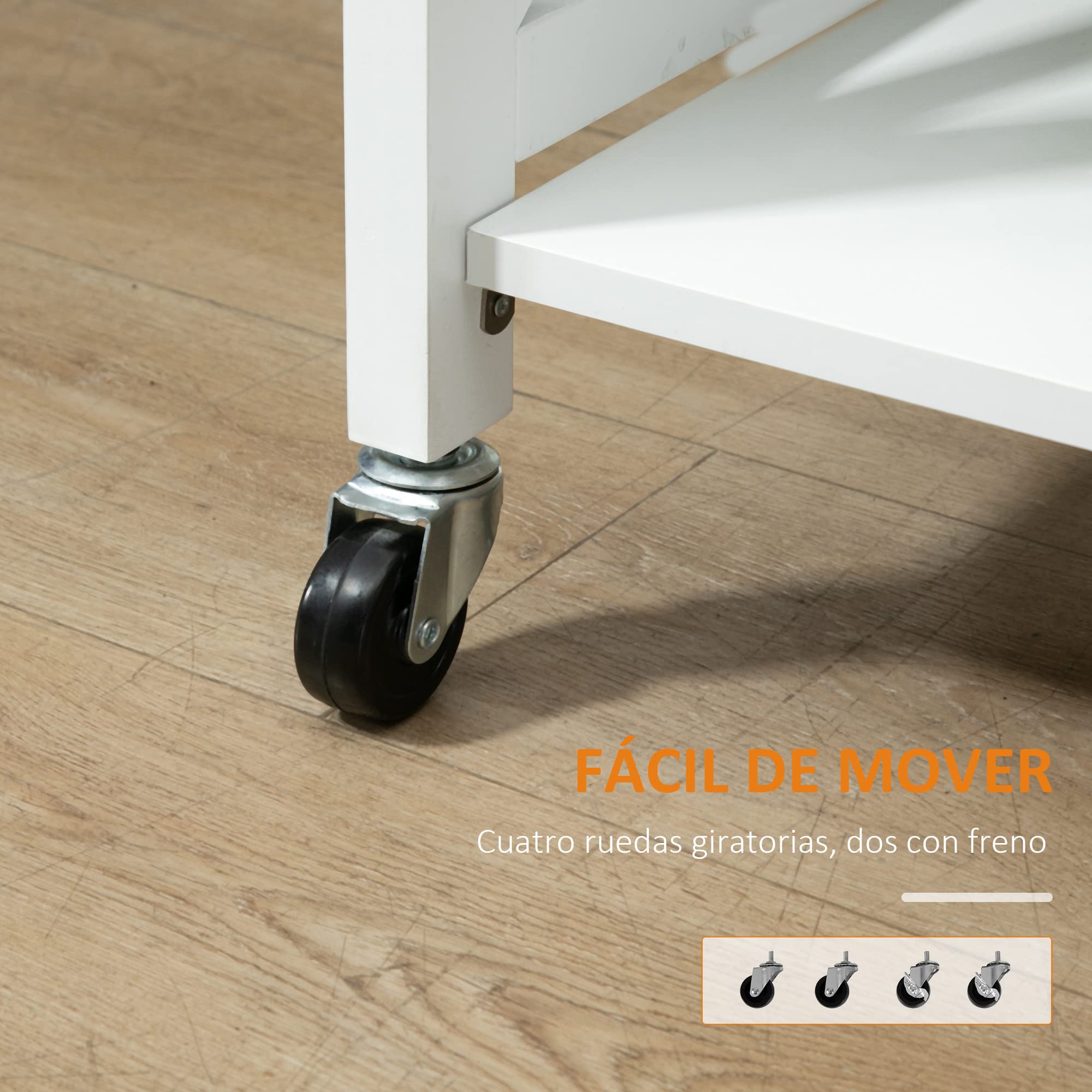 HOMCOM Carrito de Cocina Plegable con Ruedas 40 kg 60x40x84 cm Blanco | Carro Auxiliar, Carro Verdulero, 2 Estantes, para Comedor