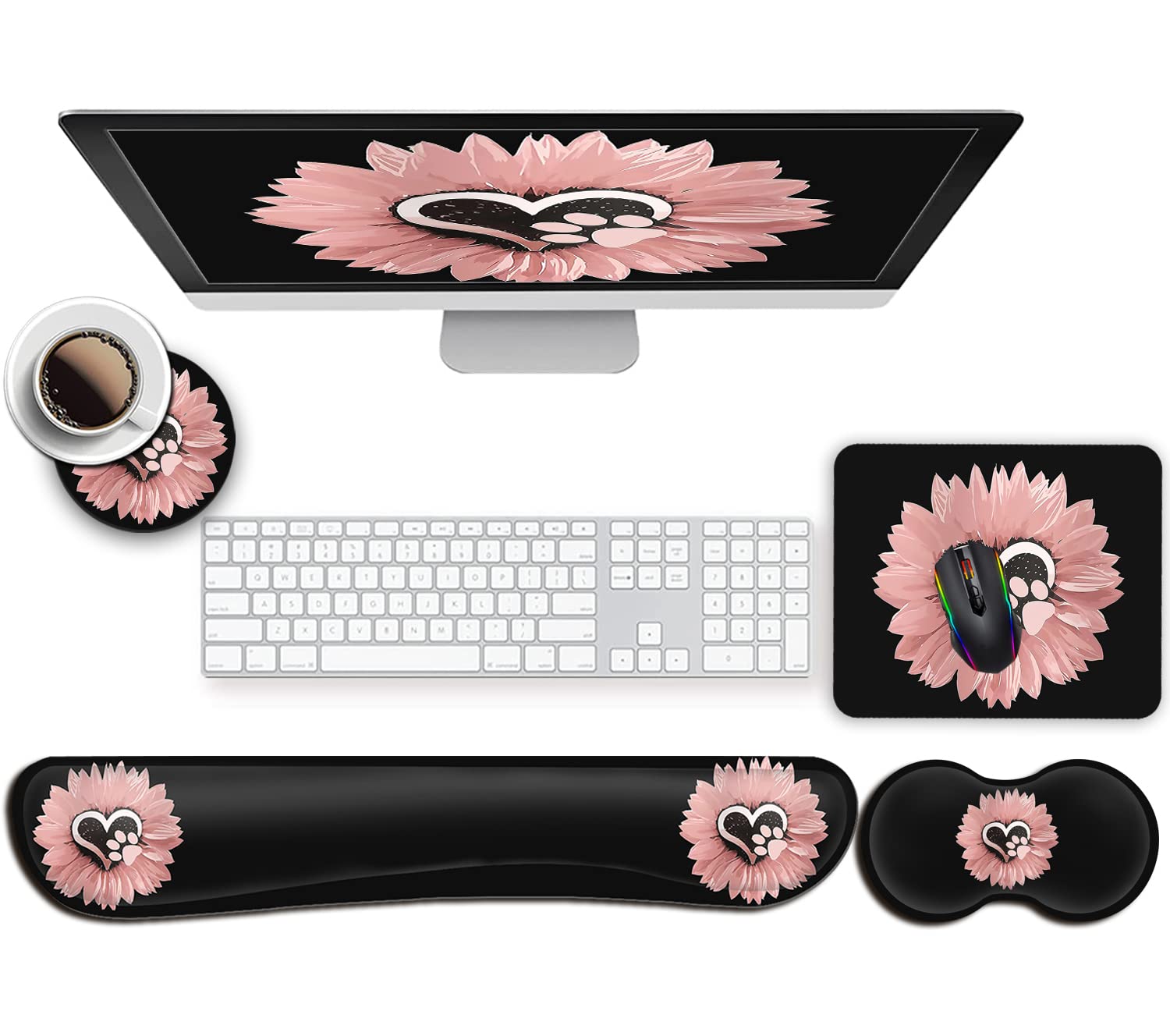 Ergonomic Mouse Pad and Keyboard Wrist Support, Non-Slip Rubber Base for Office Gaming Working Easy Typing & Pain Relief Sunflower and Cute Cartoon Dog Paw Print Pet Pink Flowers Desktop Decoration