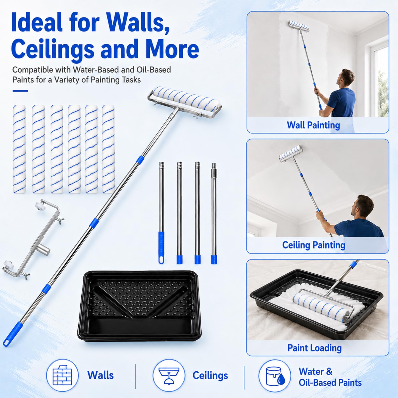 El juego de rodillos de pintura de 18 pulgadas incluye 6 rodillos de marco ajustable y pila de extensión para pintura de pared de techo