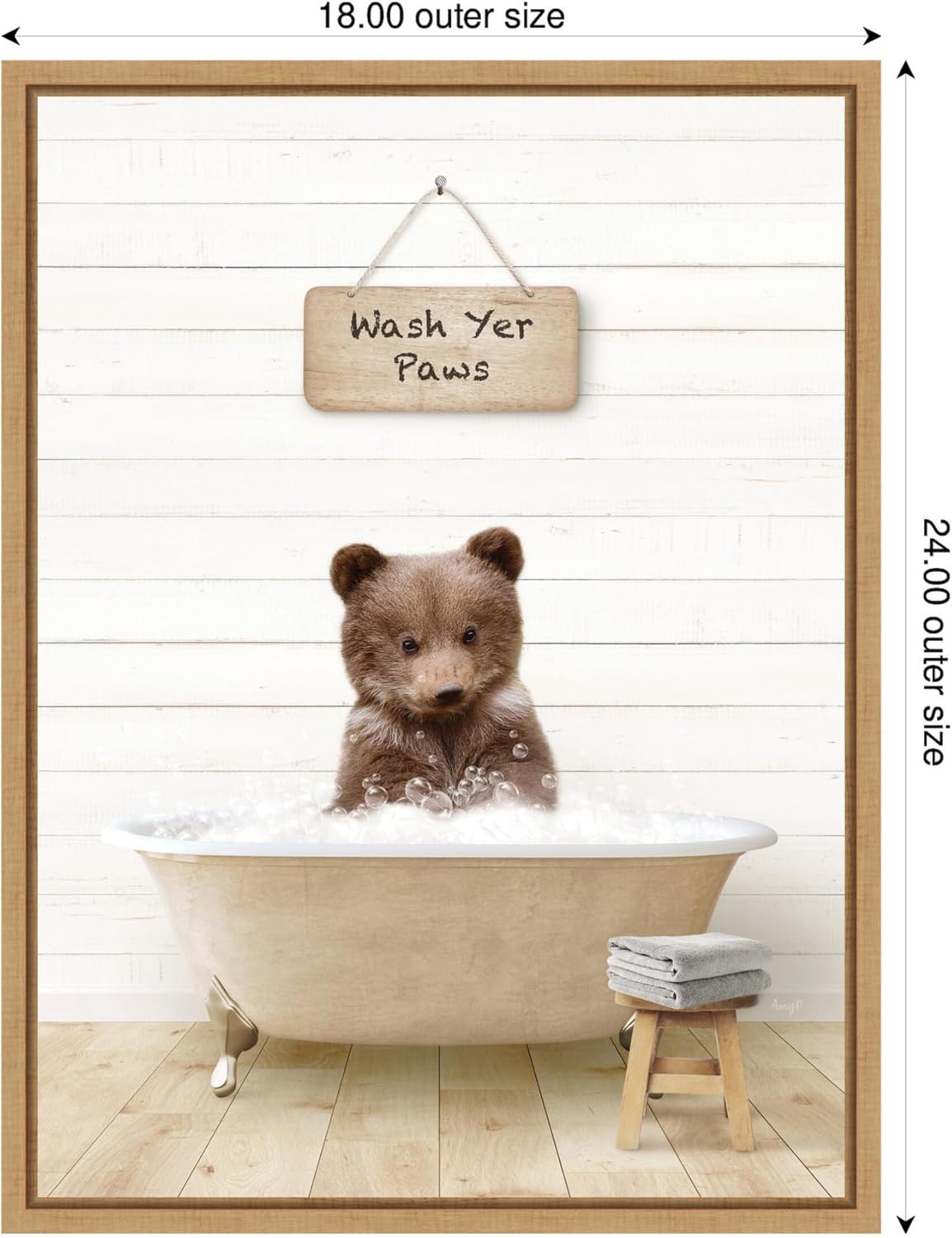Kate and Laurel Bear Cub in Modern Bathtub Wash Your Paws Framed Canvas Wall Art by Amy Peterson 18 x 24 Sylvie Natural, Whimsical, Animals, Bathroom Art for Wall Decor, Living Room, Bedroom