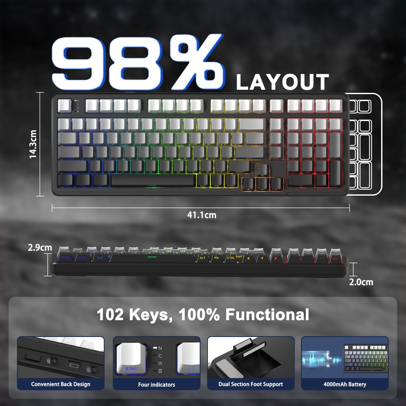 MAMBASNAKE x Attack Shark X98 bezprzewodowa mechaniczna klawiatura do gier Gasket 102 klawisze z kablem spiralnym, 2,4 G/BT/USB-C, wymienny przełącznik liniowy, RGB, NKRO (czarny gradient)