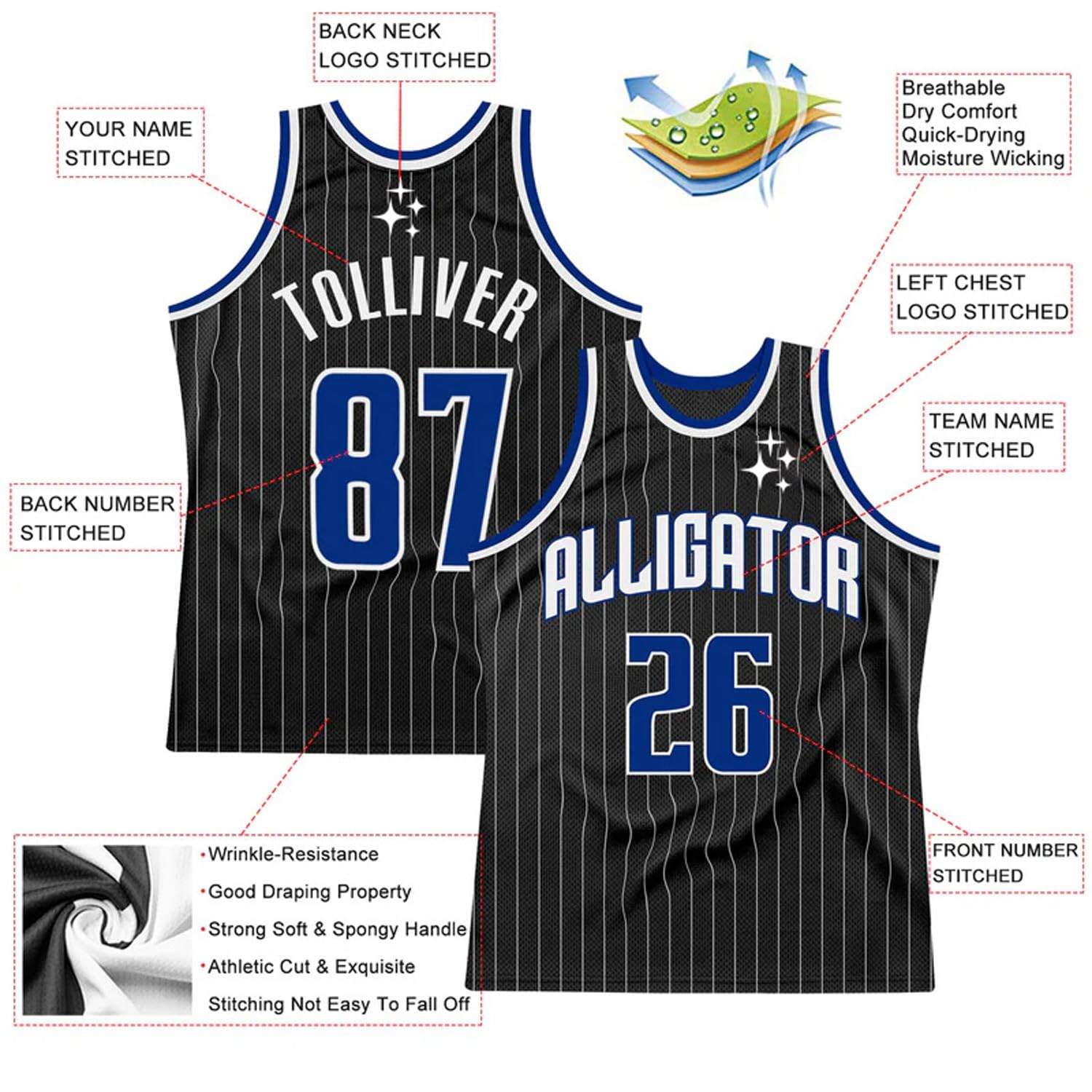 Gaosusu Personalized Pinstripe Basketball Jerseys with Team Name Number Logo Hip Hop T-Shirts Black Blue