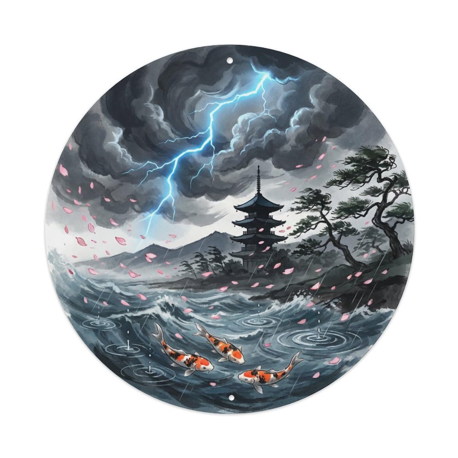 Galvaxio Style Japanese Koi Fish Thunder Storm Dramatic Clouds Metal Tin Sign