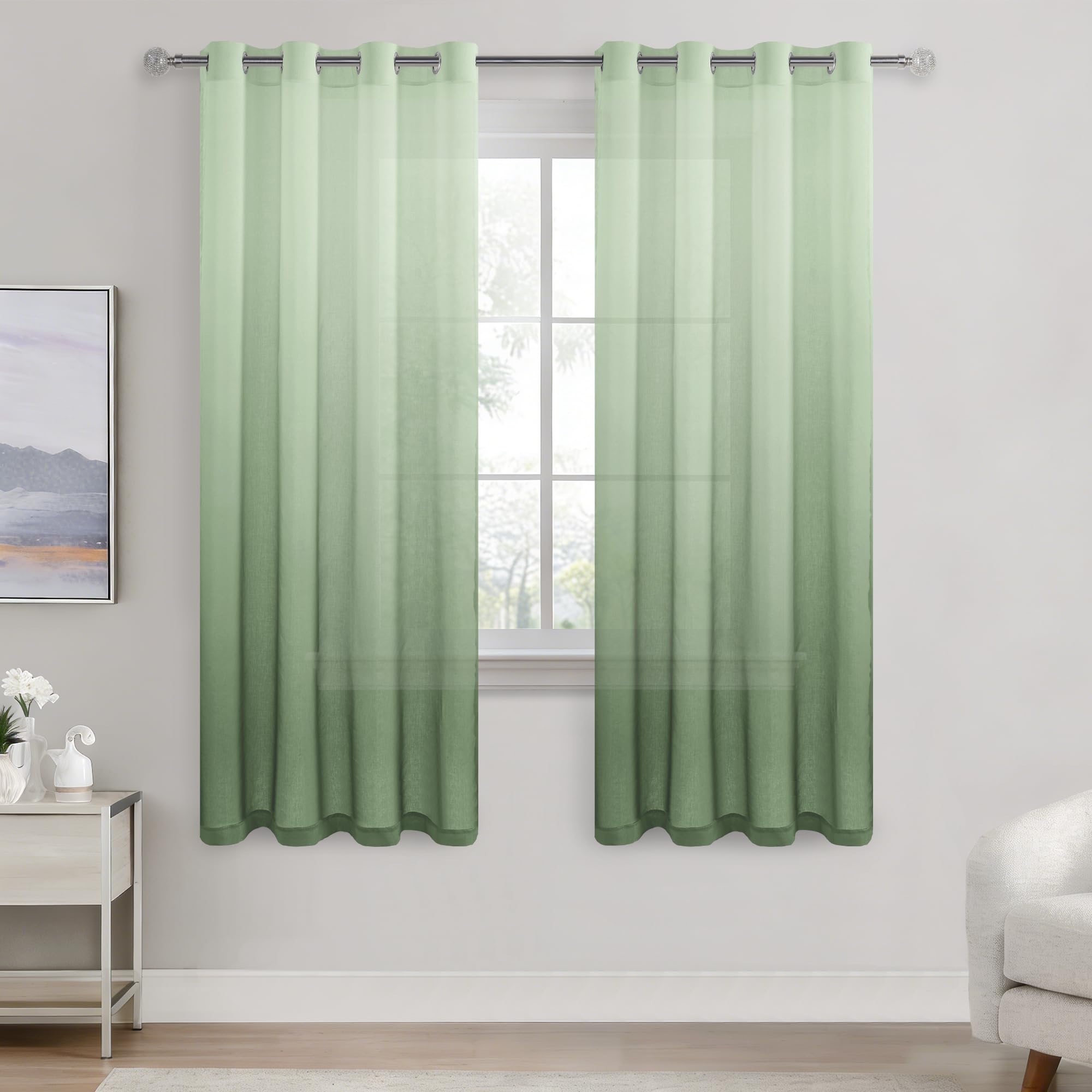 DWCN Sheer Curtains for Bedroom Sage Green Gradient Net Curtains Voile Curtains Drape 55x72 Inch Set of 2 — image 1