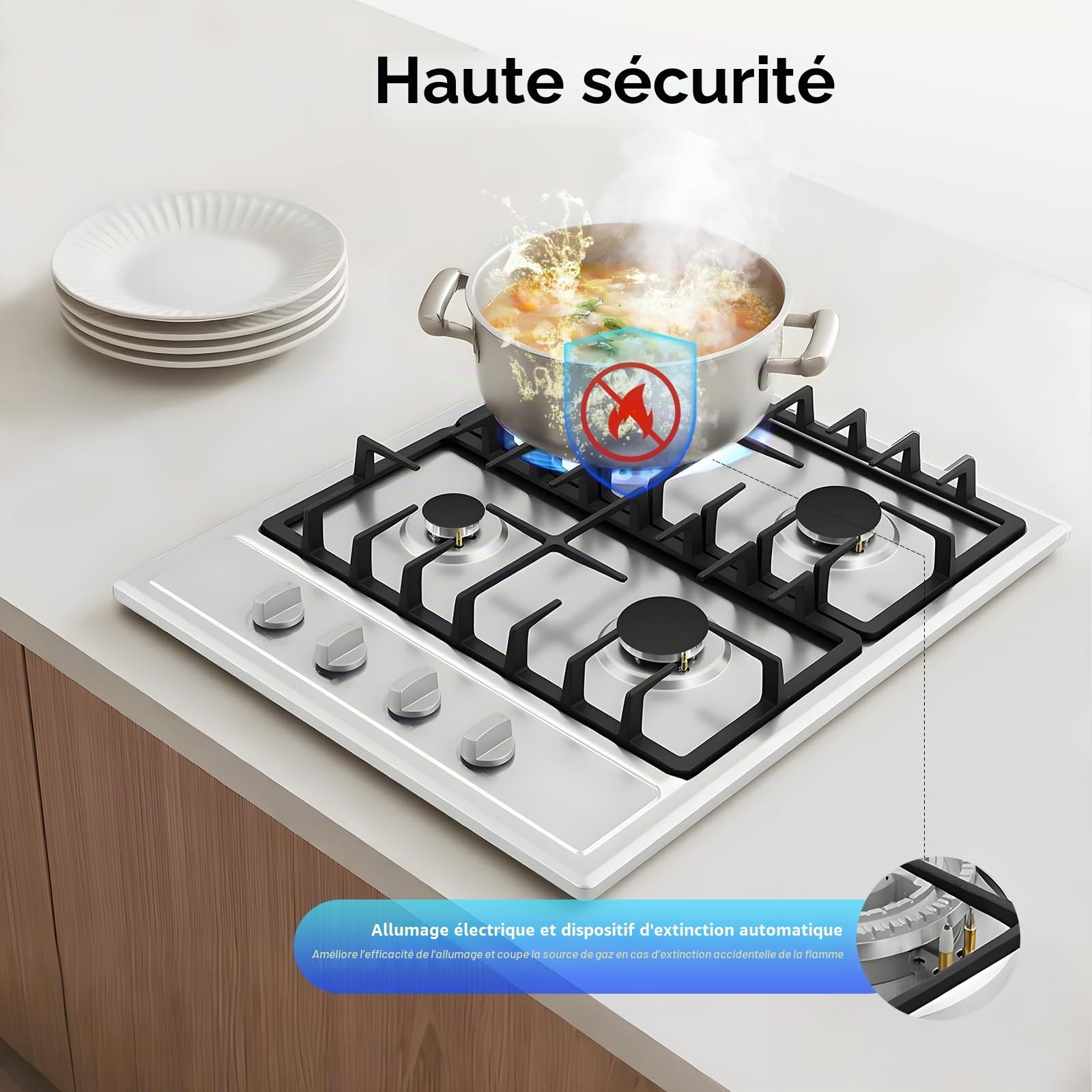 Table Cuisson Gaz 5 Feux, Plaque Encastrable, Cuisinière Professionnelle, Acier Inoxydable, Protection Sécurité Flamme, Contrôle Indépendant, Pour Restaurant Maison Hôtel (4, 59, Centimètres)