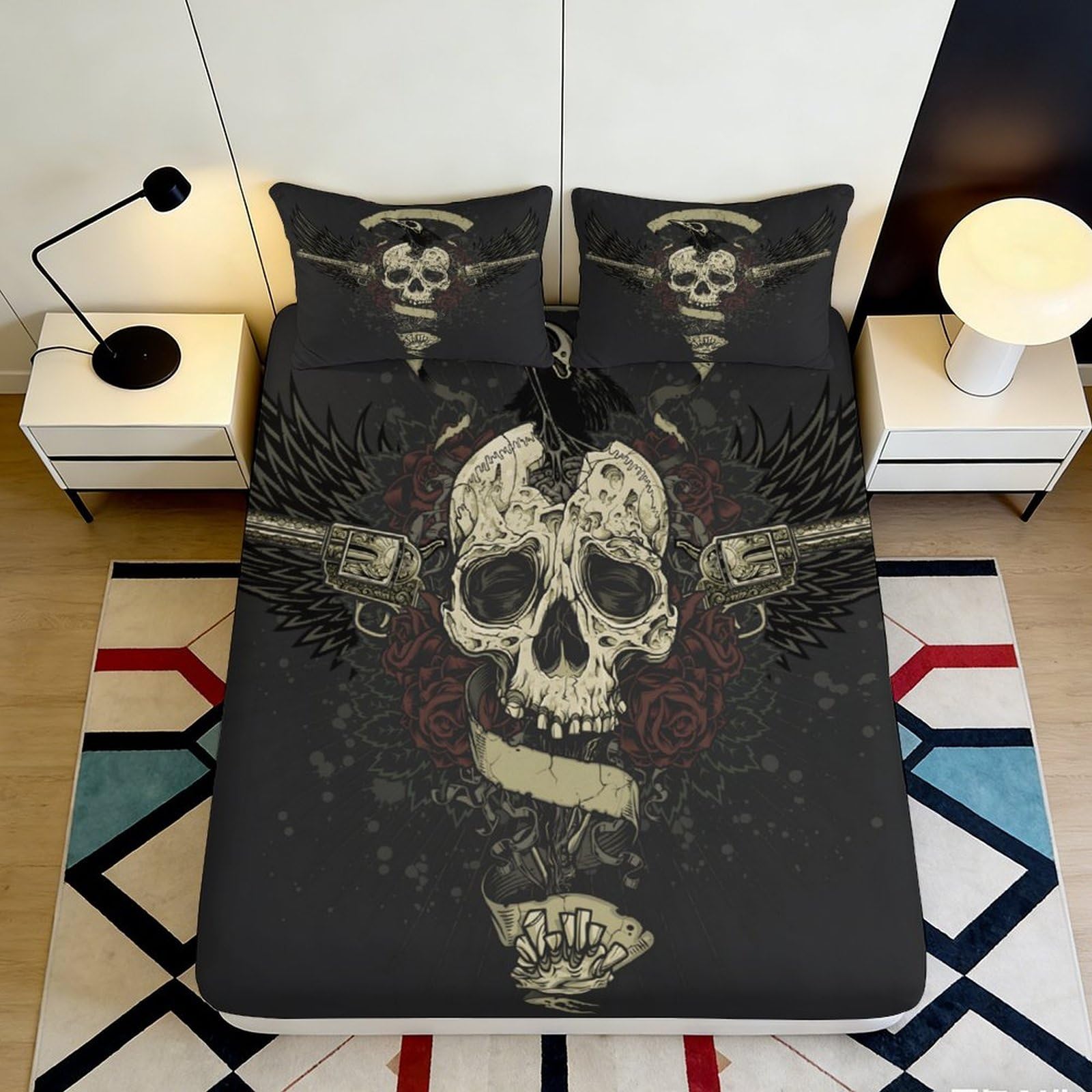 3D Printed Skull Crossbones Fitted Sheet Microfiber Black Gothic Bed Cover for Bedroom Dorm Mattress Decor 90x200x25cm