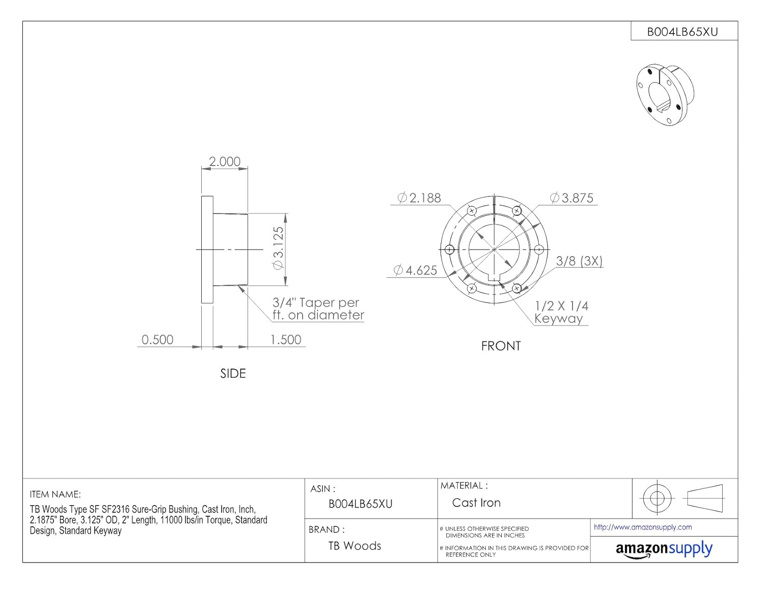 TB Woods Type SF SF2316 Sure-Grip Bushing, Cast Iron, Inch, 2.1875" Bore, 3.125" OD, 2" Length, 11000 lbs/in Torque, Standard Design, Standard Keyway