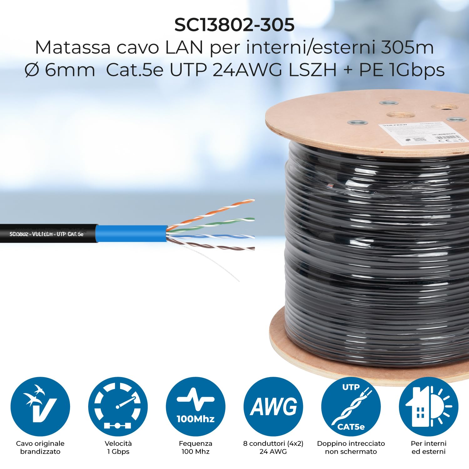 VulTech SC13802-305 Bobina Bobina Lan Cat 5e UTP 305 metros 24AWG para exterior doble vaina PE+LSZH Ethernet cable red instalaciones alta velocidad 1Gbps protección contra rayos UV/agua 100Ohm, 100Mhz