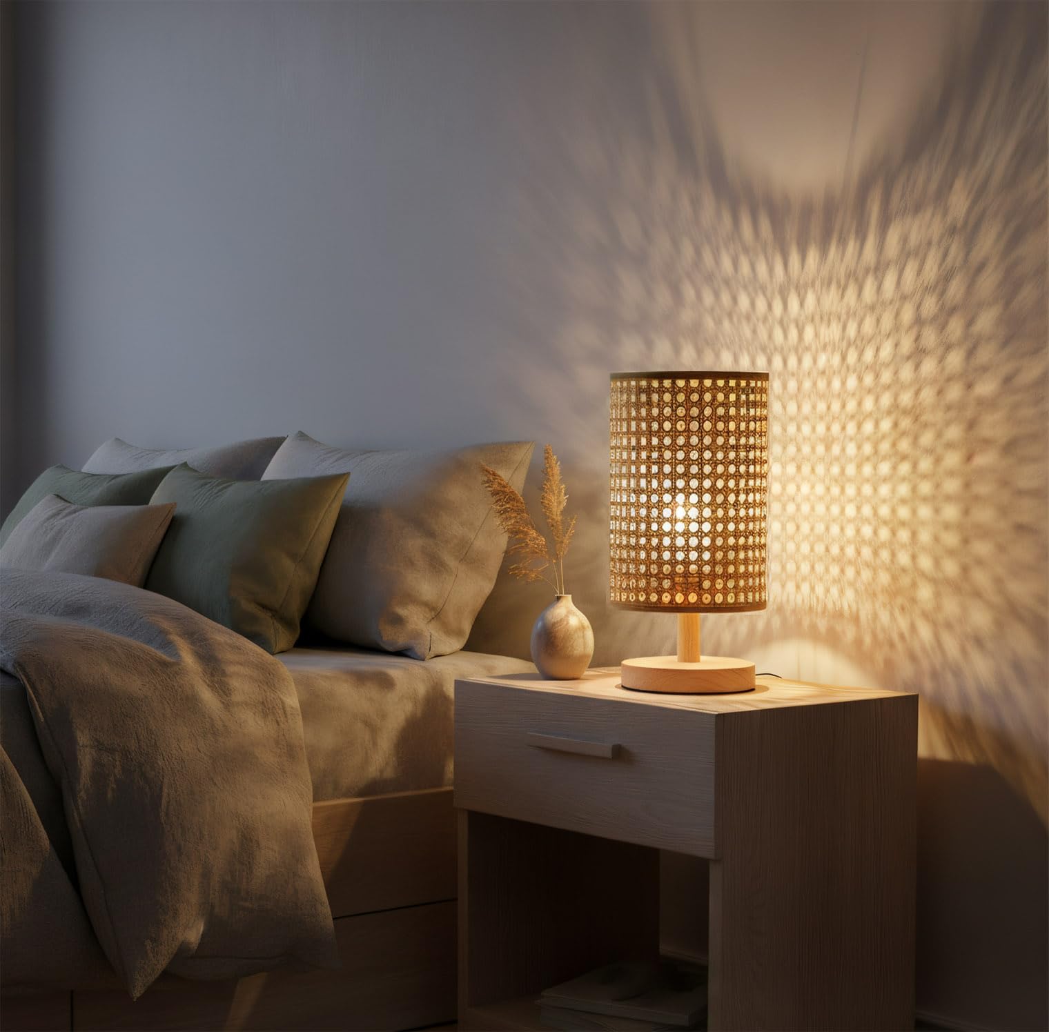 AFORTLO Table Desk Lamp,Small Rattan Hollow-Out Wicker Bamboo Boho Decorative Nightstand Night Light Solid Wood Base Lamp for Bedroom,Living Room,End Table or Office with Bulb(Rattan Hollow-Out) Product Image 6