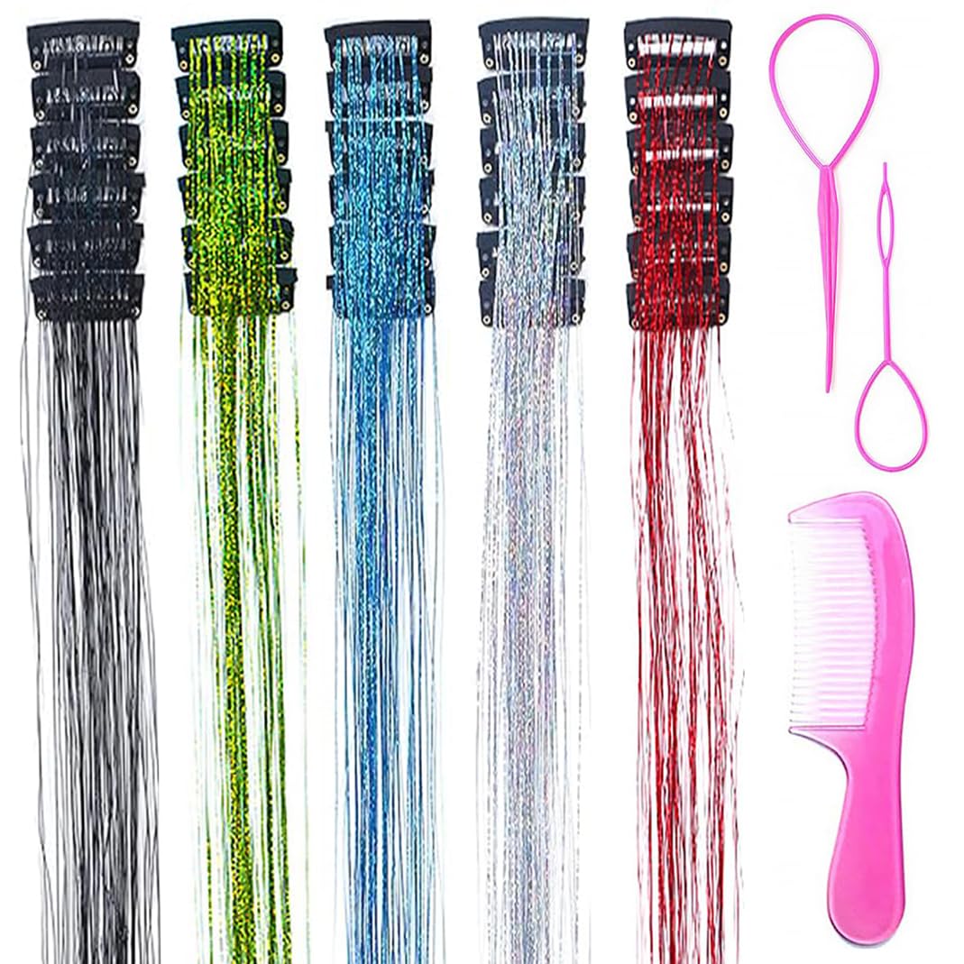 Hair Tinsel Clip in 30pcs Rainbow Fairy Hair Tinsel Kit 20Inch Glitter Tinsel Hair Extensions Clip in Hair Tinsel for Christmas New Year Halloween Party Sparkly Hair Accessories for Women Girls