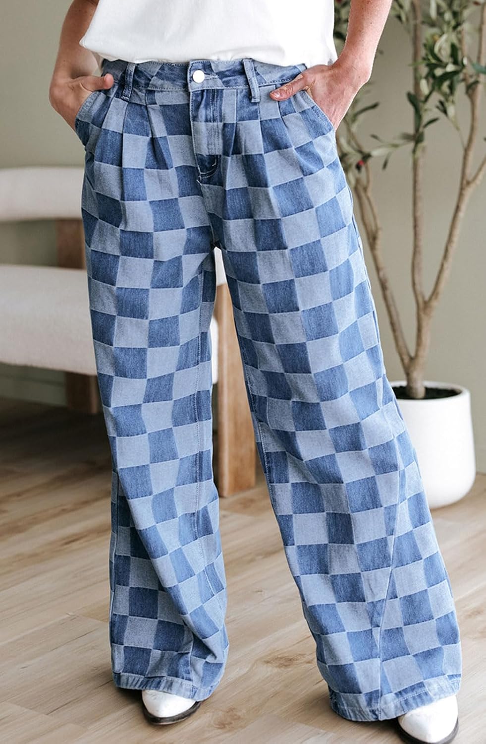 loveimgs Women Baggy Checkered Pants Patterned Denim Wide Leg Jeans Plaid Printed High Waisted Gingham Jeans - Image 7