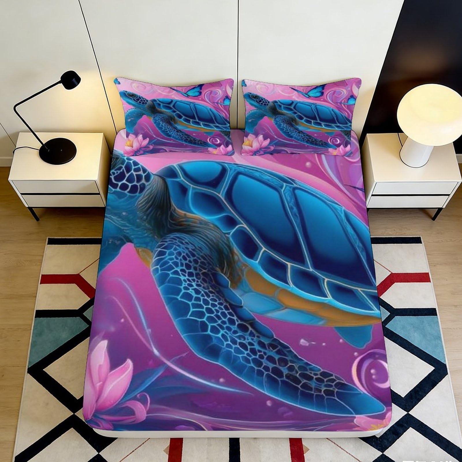 3D Printed Sea Turtle Fitted Sheet Microfiber Deep Pocket Non-Slip Bedding Ocean Pattern Mattress Fitted Cover Wrap for Adults 140x200x25cm